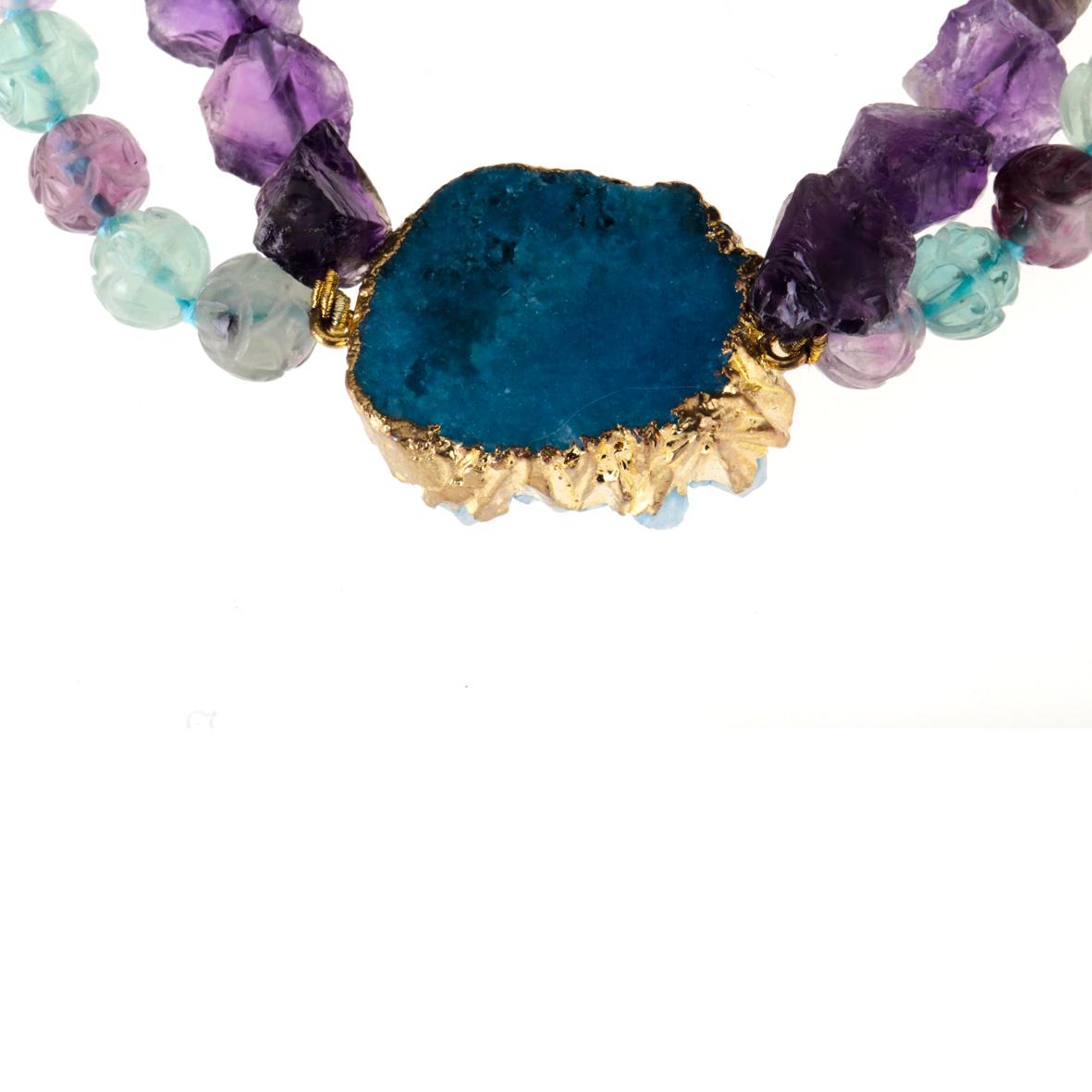 Druzy Agate Necklace Tourmaline Amethyst Gold-Plated For Sale 1