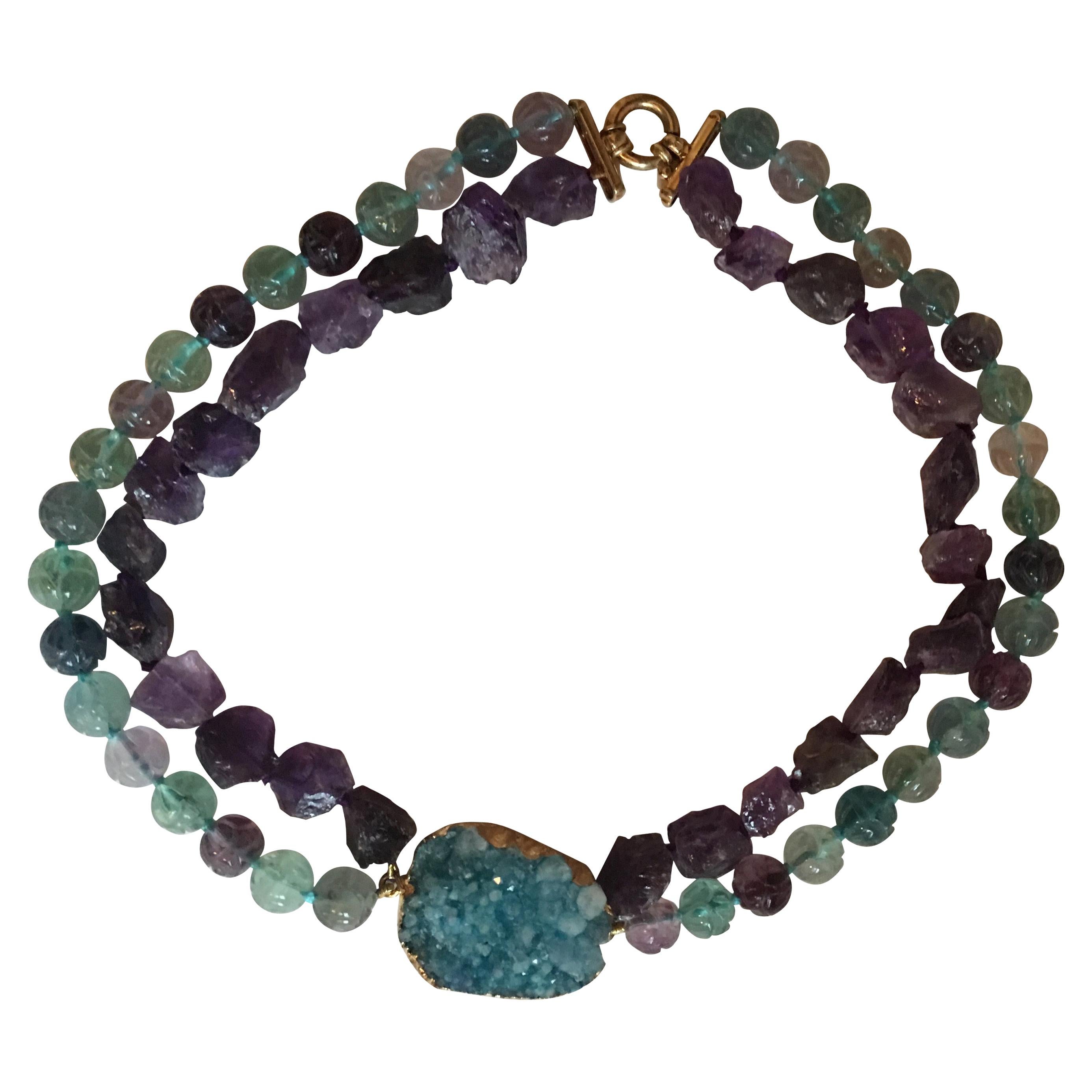 Druzy Agate Necklace Tourmaline Amethyst Gold-Plated For Sale
