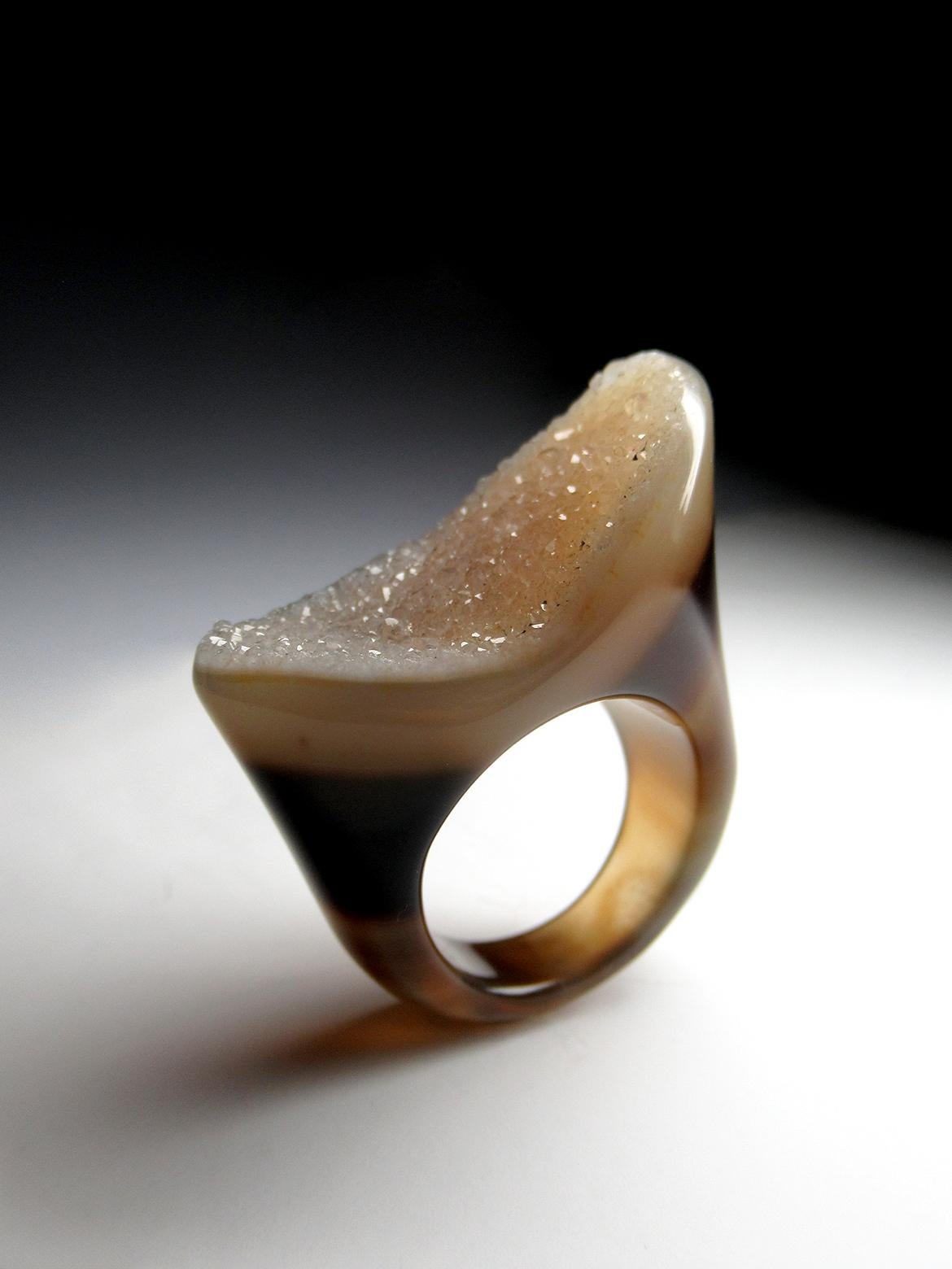 Uncut Druzy Agate Quartz Ring Solid Stone Bicolor Gem Jewelry Unisex gift for wife For Sale