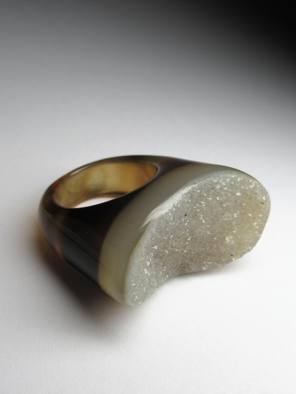 Druzy Agate Quartz Ring Solid Stone Bicolor Gem Jewelry Unisex gift for wife For Sale 4