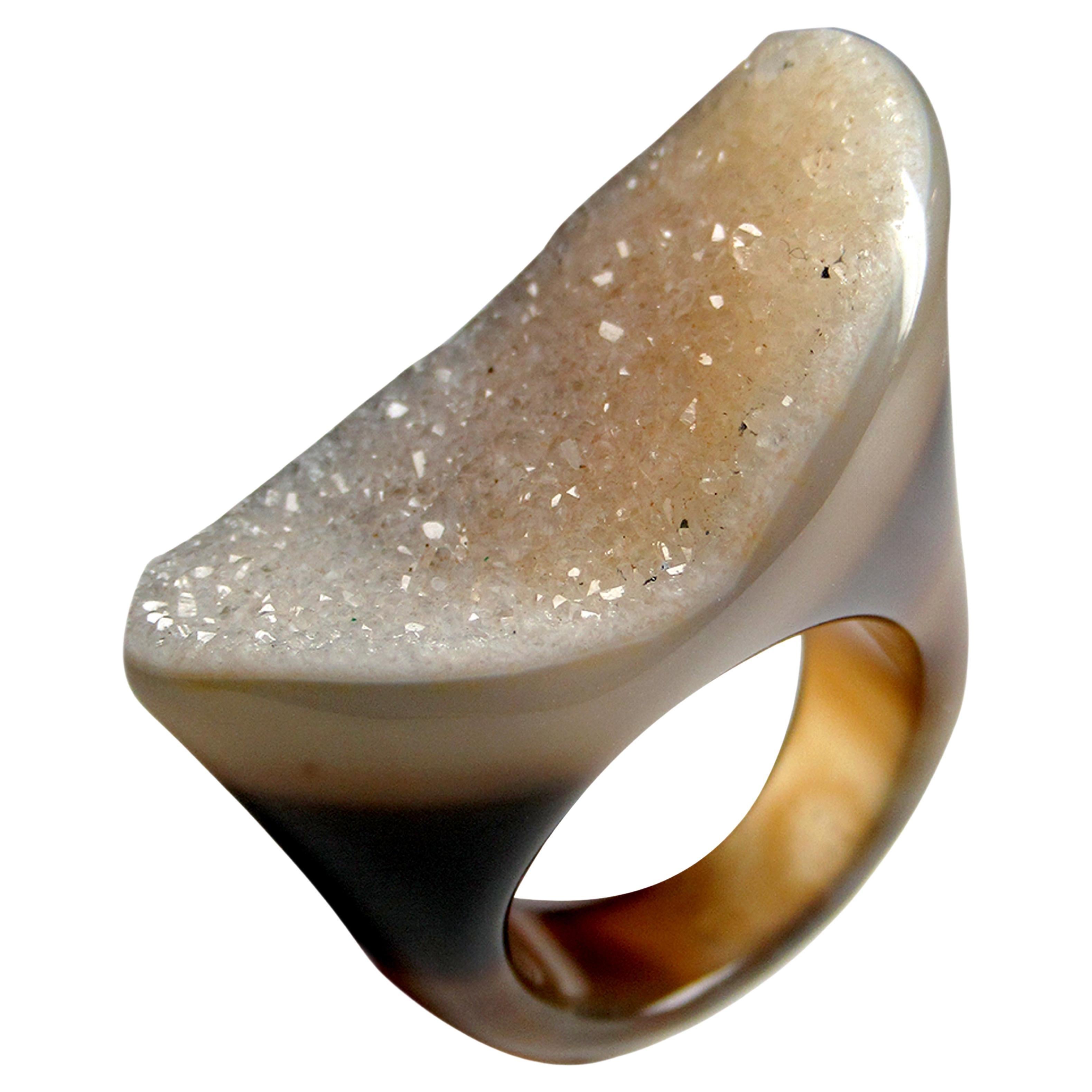 Druzy Agate Quartz Ring Solid Stone Bicolor Gem Jewelry Unisex gift for wife
