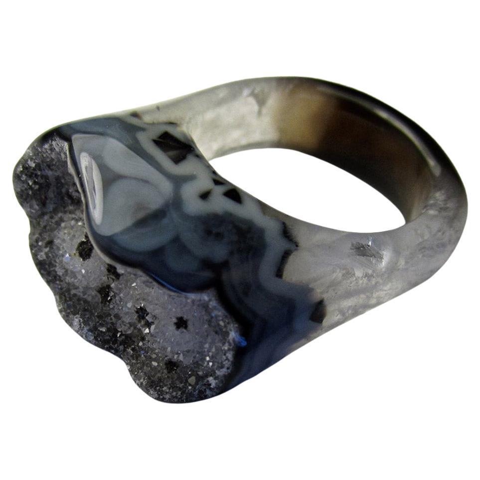 Druzy Agate Ring Solid Stone Raw Crystals Bicolor Black White Brazilian Gemstone For Sale