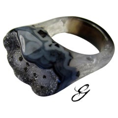 Druzy Agate Ring Solid Stone Raw Crystals Black White stone