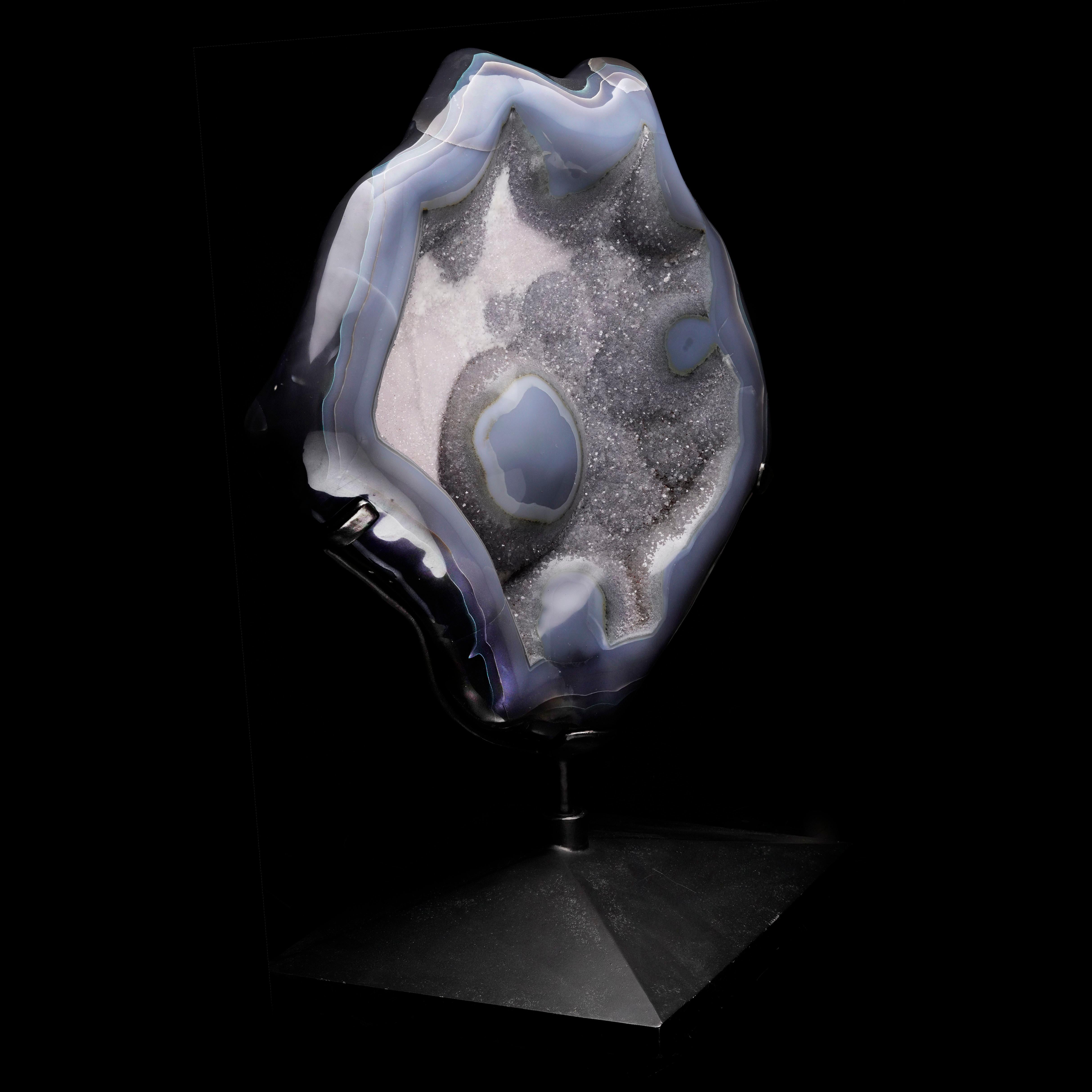 Uruguayan Druzy Agate Slice on Rotating Metal Base For Sale