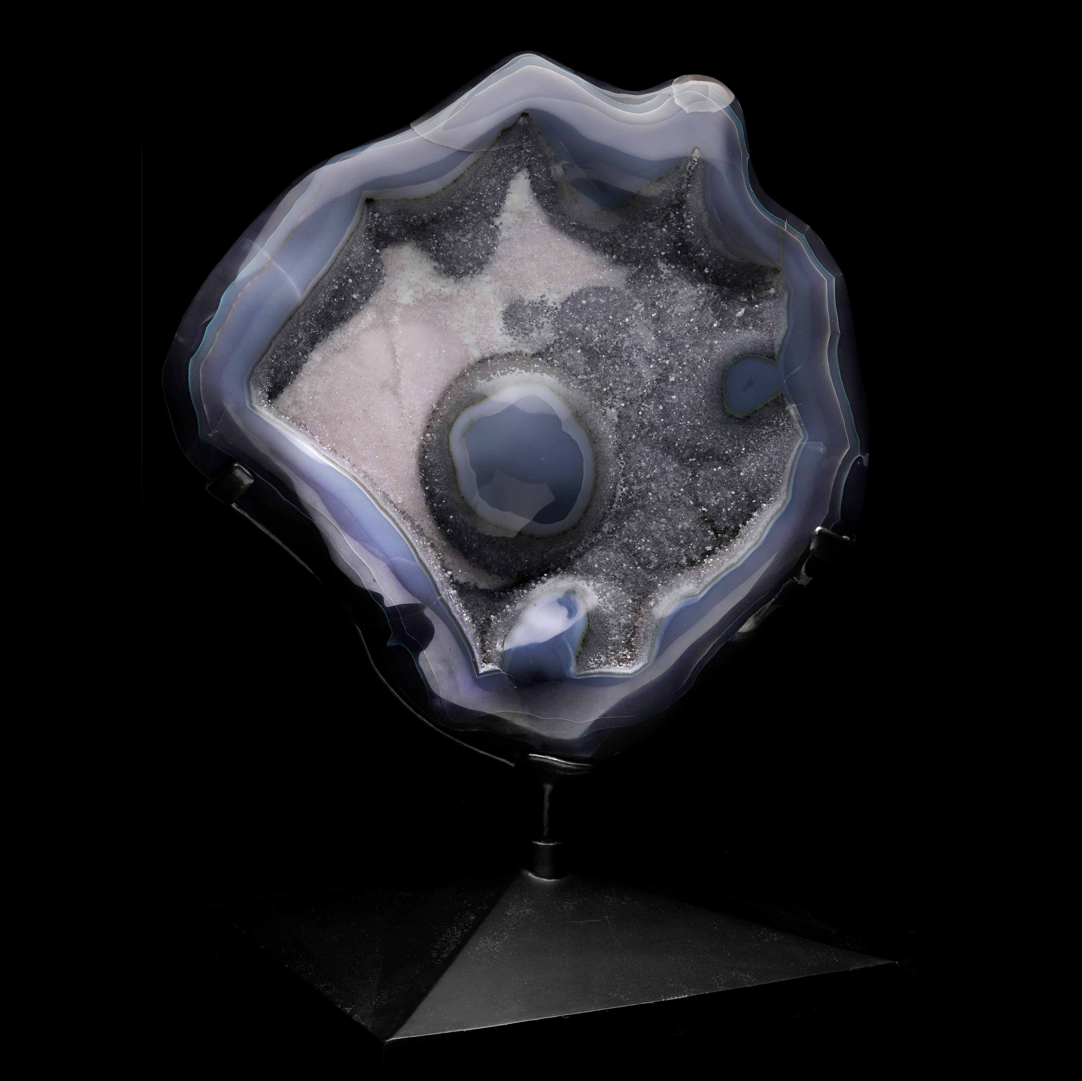 Druzy Agate Slice on Rotating Metal Base In New Condition For Sale In New York, NY