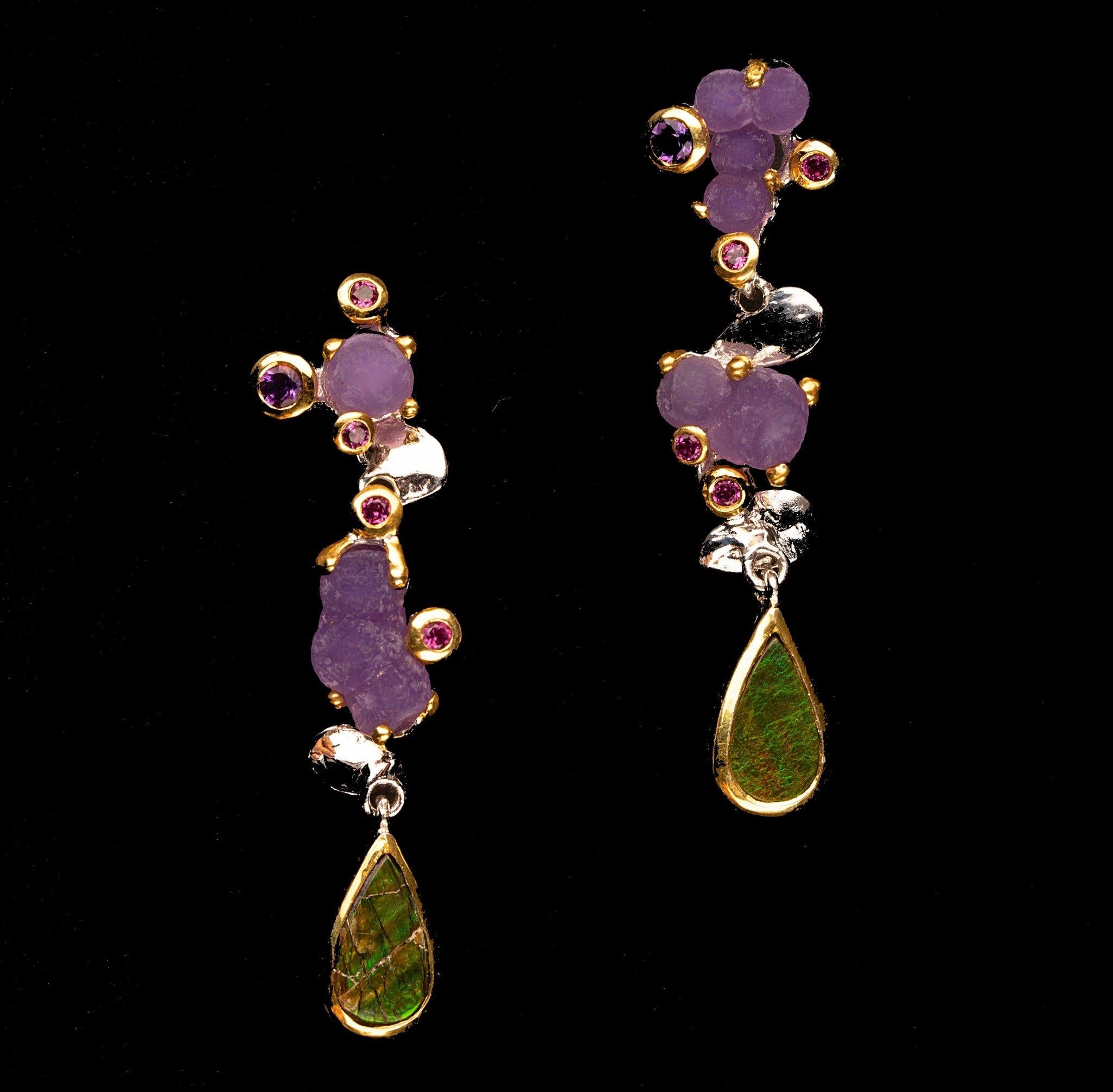 Druzy Grape Agate, Ammolite, Amethyst, and Rhodolite Dangle Earrings In New Condition In New York, NY
