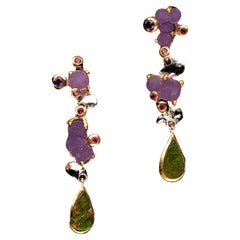 Druzy Grape Agate, Ammolite, Amethyst, and Rhodolite Dangle Earrings