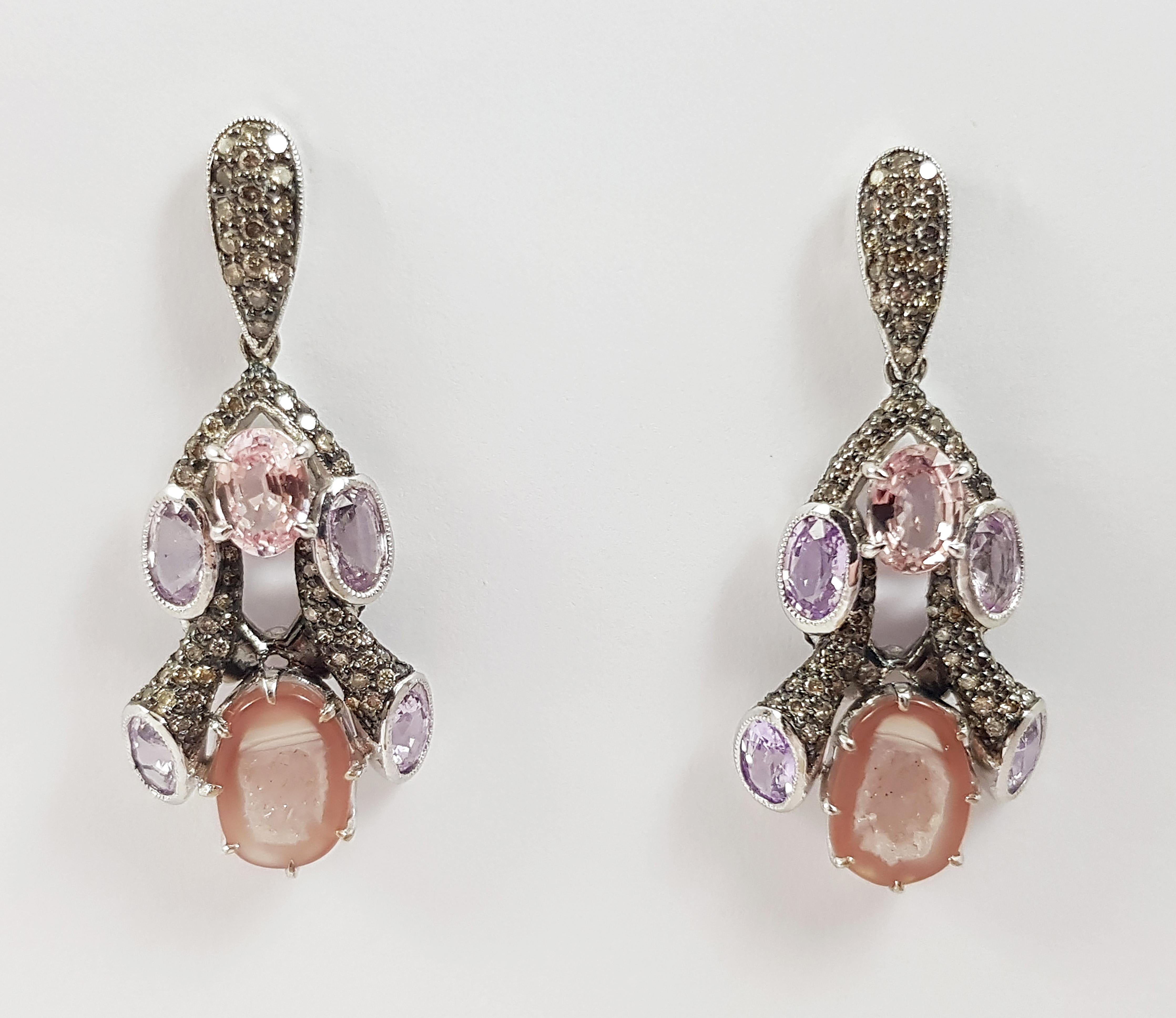 Oval Cut Druzy, Pink and Purple Sapphire and Brown Diamond Earrings in 18k White Gold For Sale