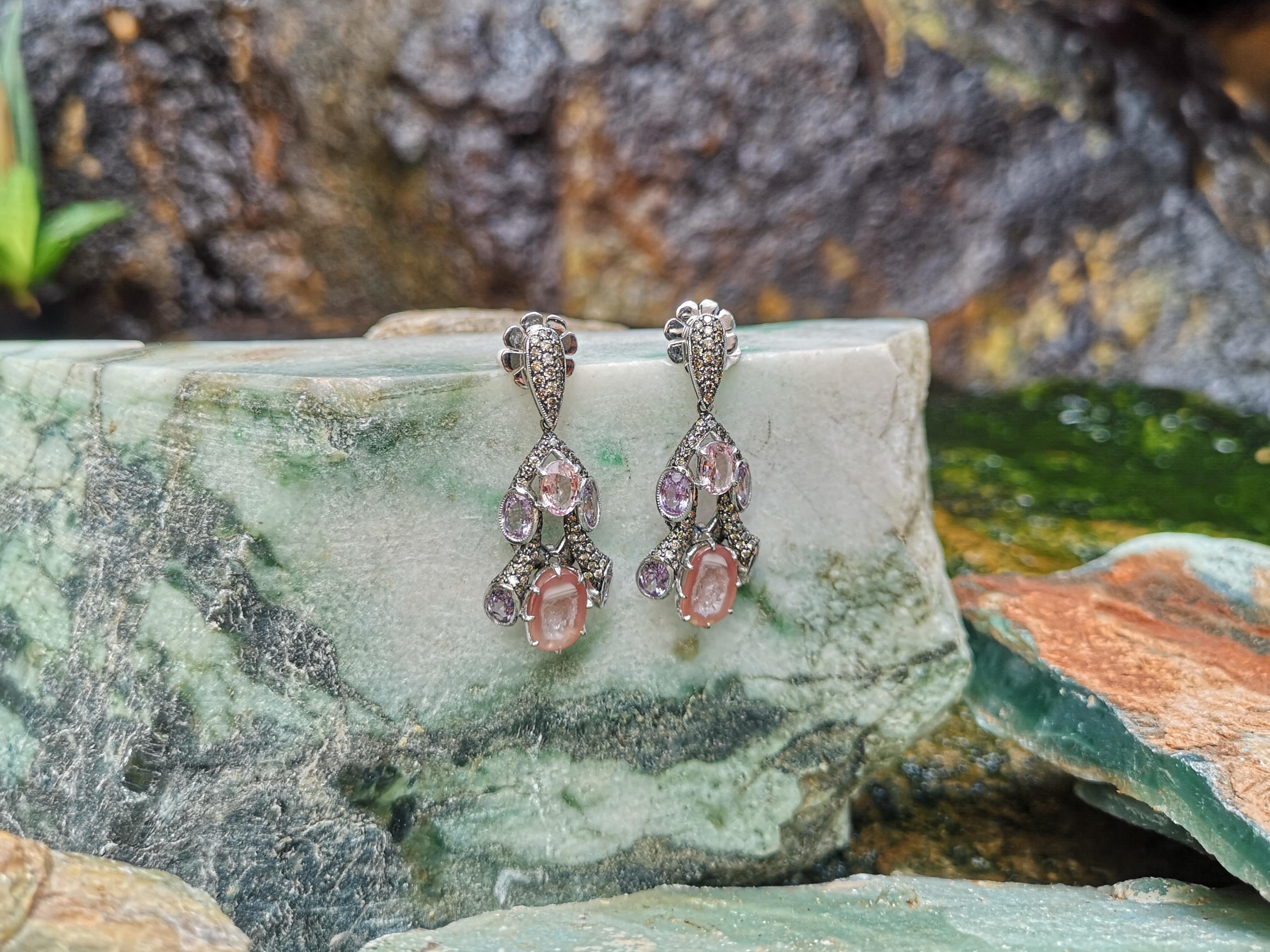Contemporary Druzy, Pink and Purple Sapphire and Brown Diamond Earrings in 18K White Gold For Sale