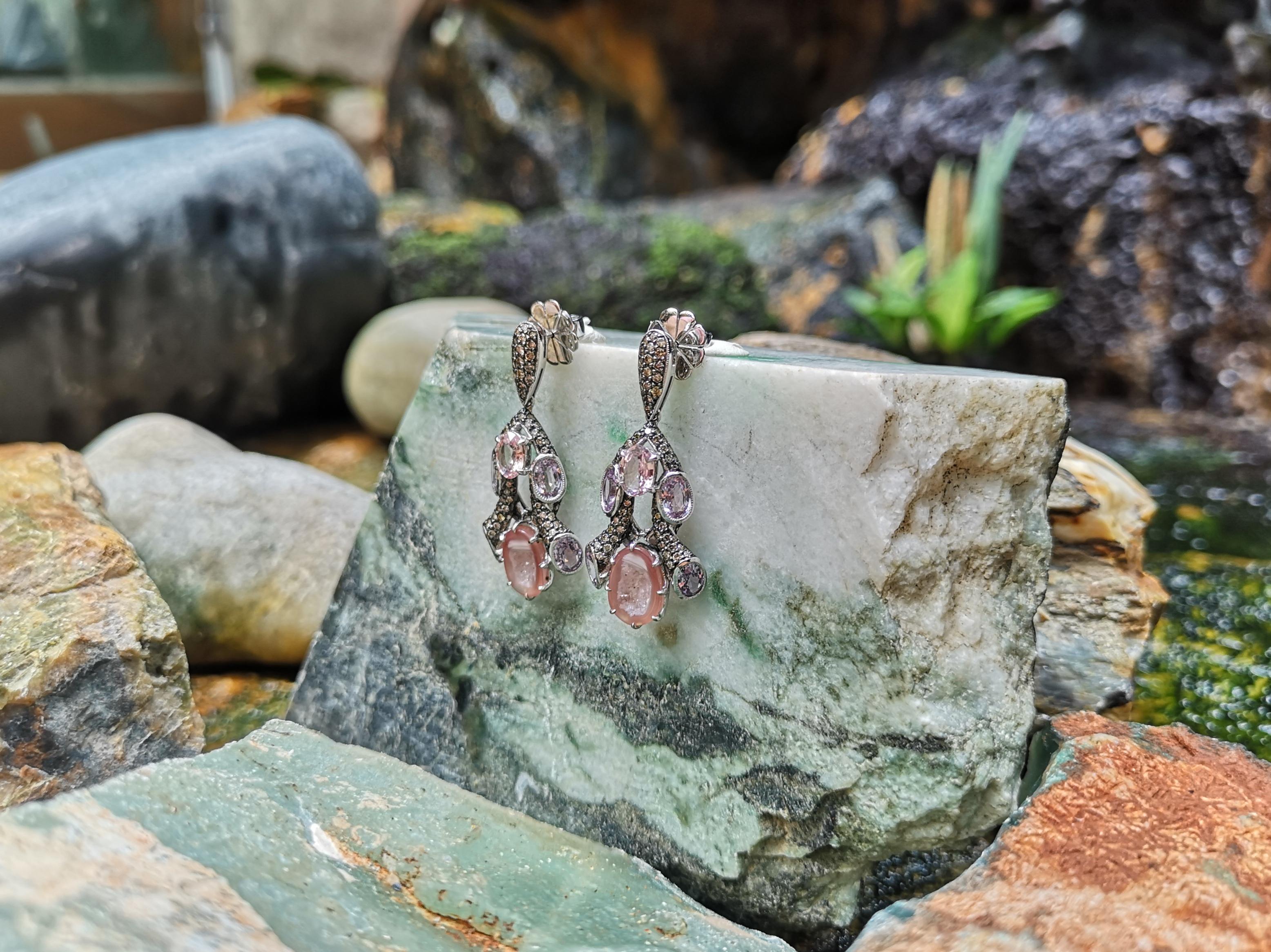 Mixed Cut Druzy, Pink and Purple Sapphire and Brown Diamond Earrings in 18K White Gold For Sale