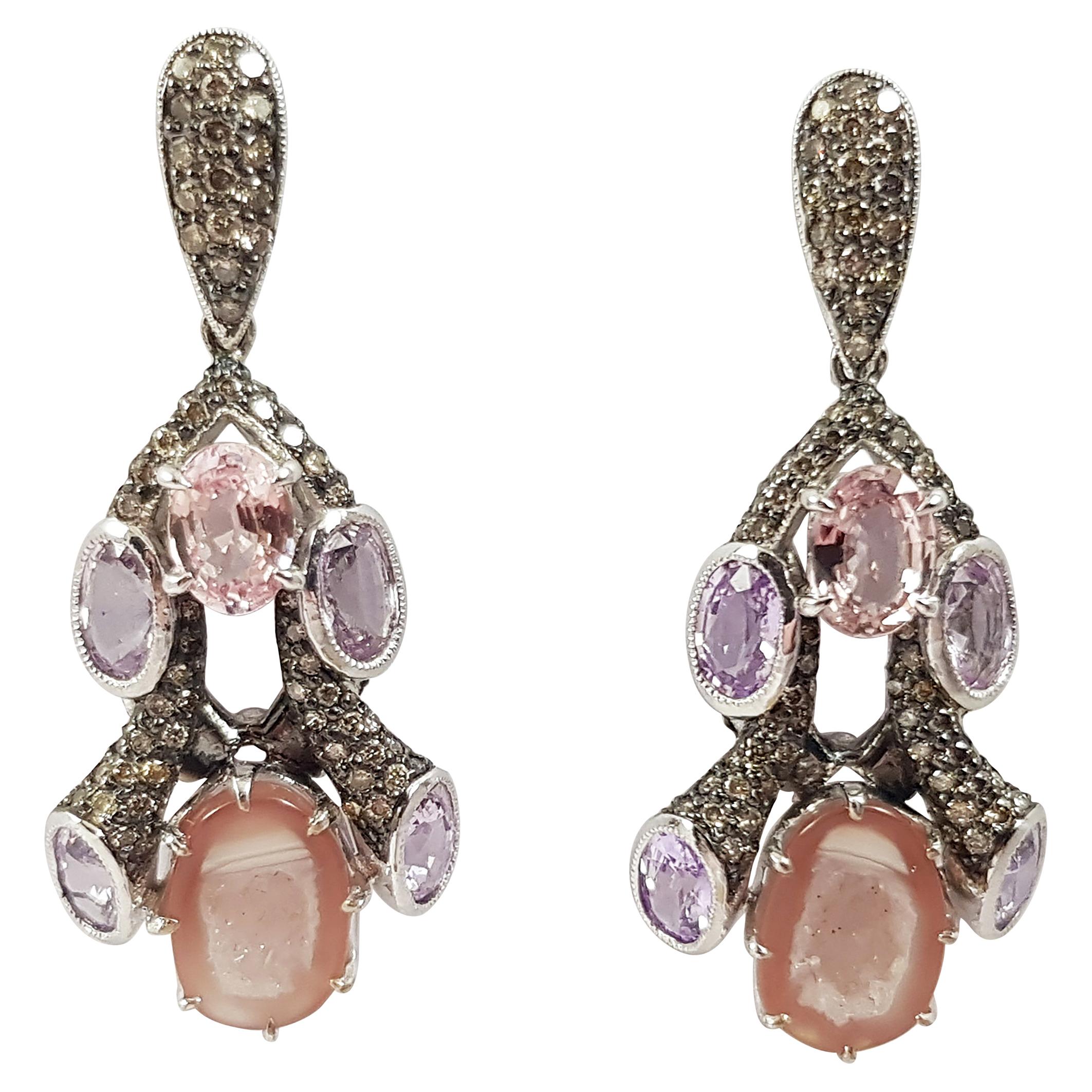 Druzy, Pink and Purple Sapphire and Brown Diamond Earrings in 18K White Gold For Sale