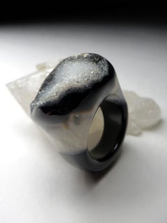 Druzy Quartz Ring Solid Stone Bicolor Black White Raw Crystals
