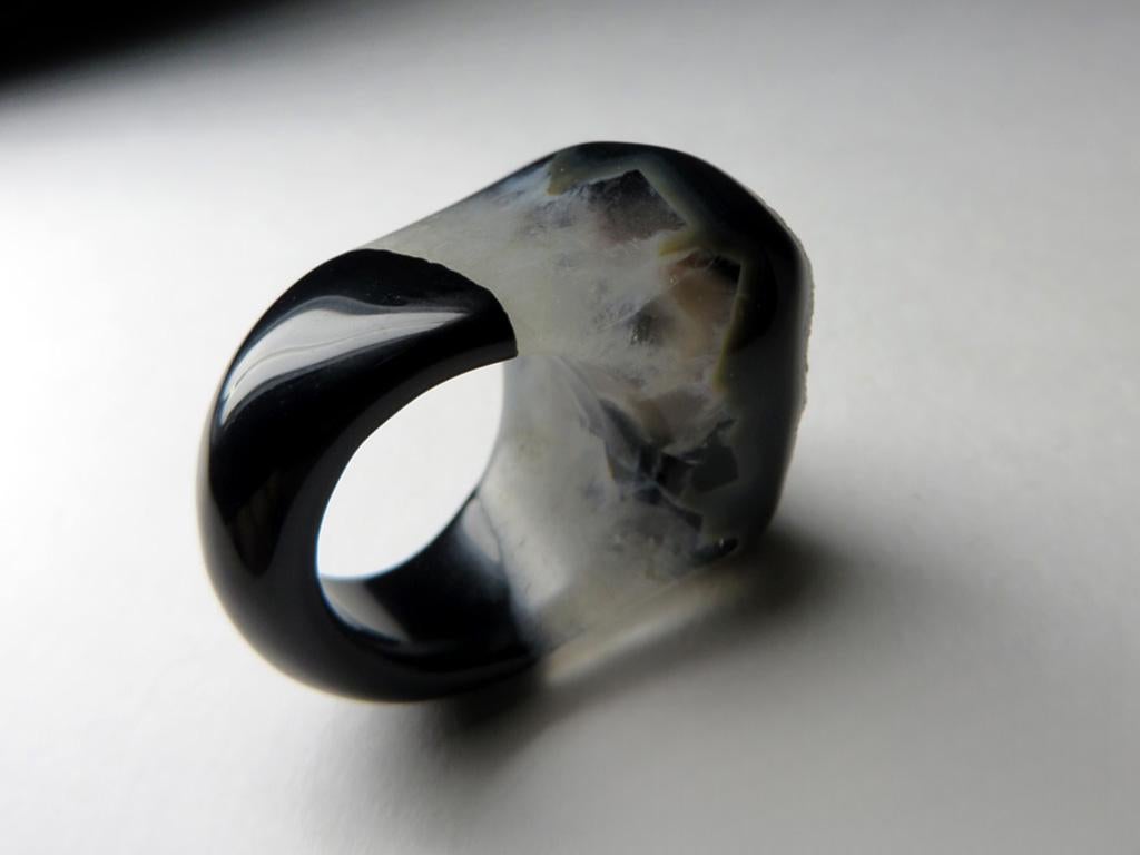 Artisan Druzy Quartz Ring Solid Stone Bicolor Black White Raw Crystals For Sale
