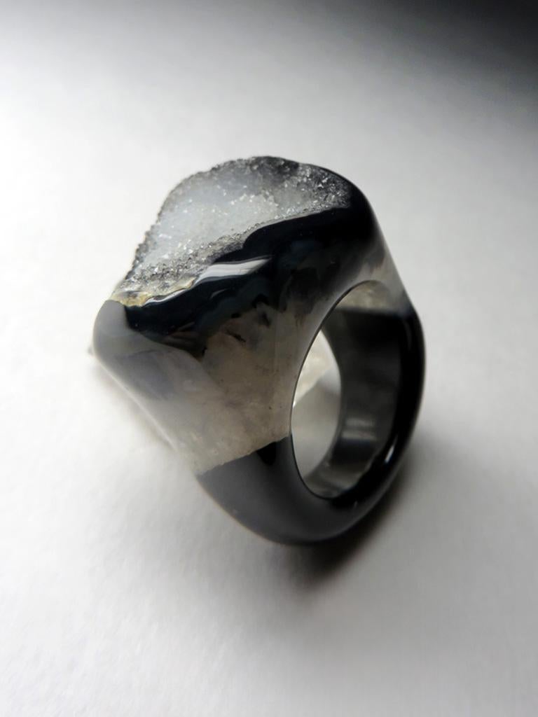 Uncut Druzy Quartz Ring Solid Stone Bicolor Black White Raw Crystals For Sale