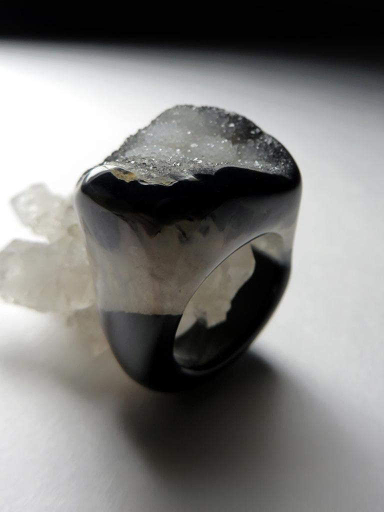 Women's or Men's Druzy Quartz Ring Solid Stone Bicolor Black White Raw Crystals For Sale