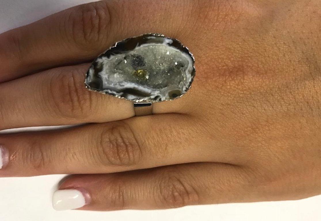 Contemporary Druzy Ring with 18 Karat White Gold Overlay