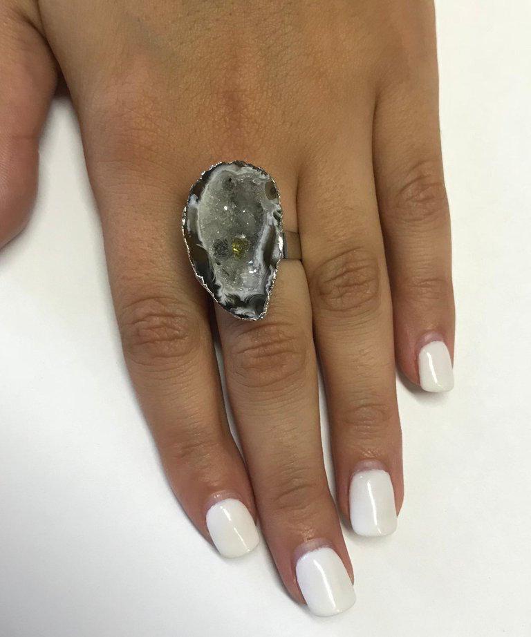 Oval Cut Druzy Ring with 18 Karat White Gold Overlay