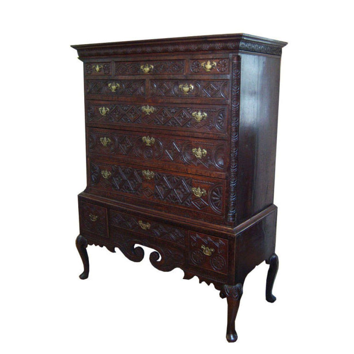 Hand-Carved 18th Century George III Carved Oak Highboy Cabinet