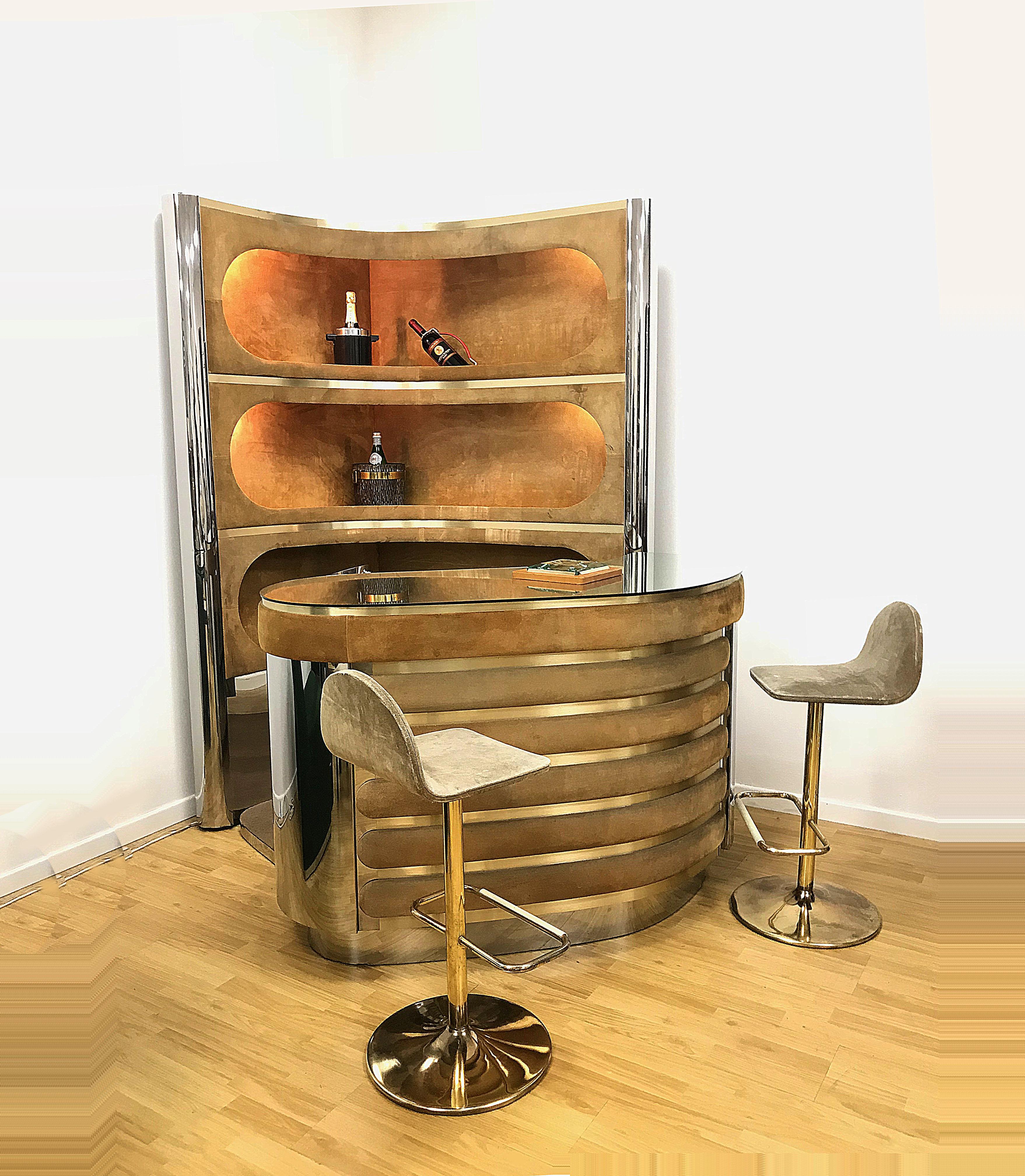 Dry Bar and Illuminated Storage of Willy Rizzo with Three Stool, Italy, 1970s 7