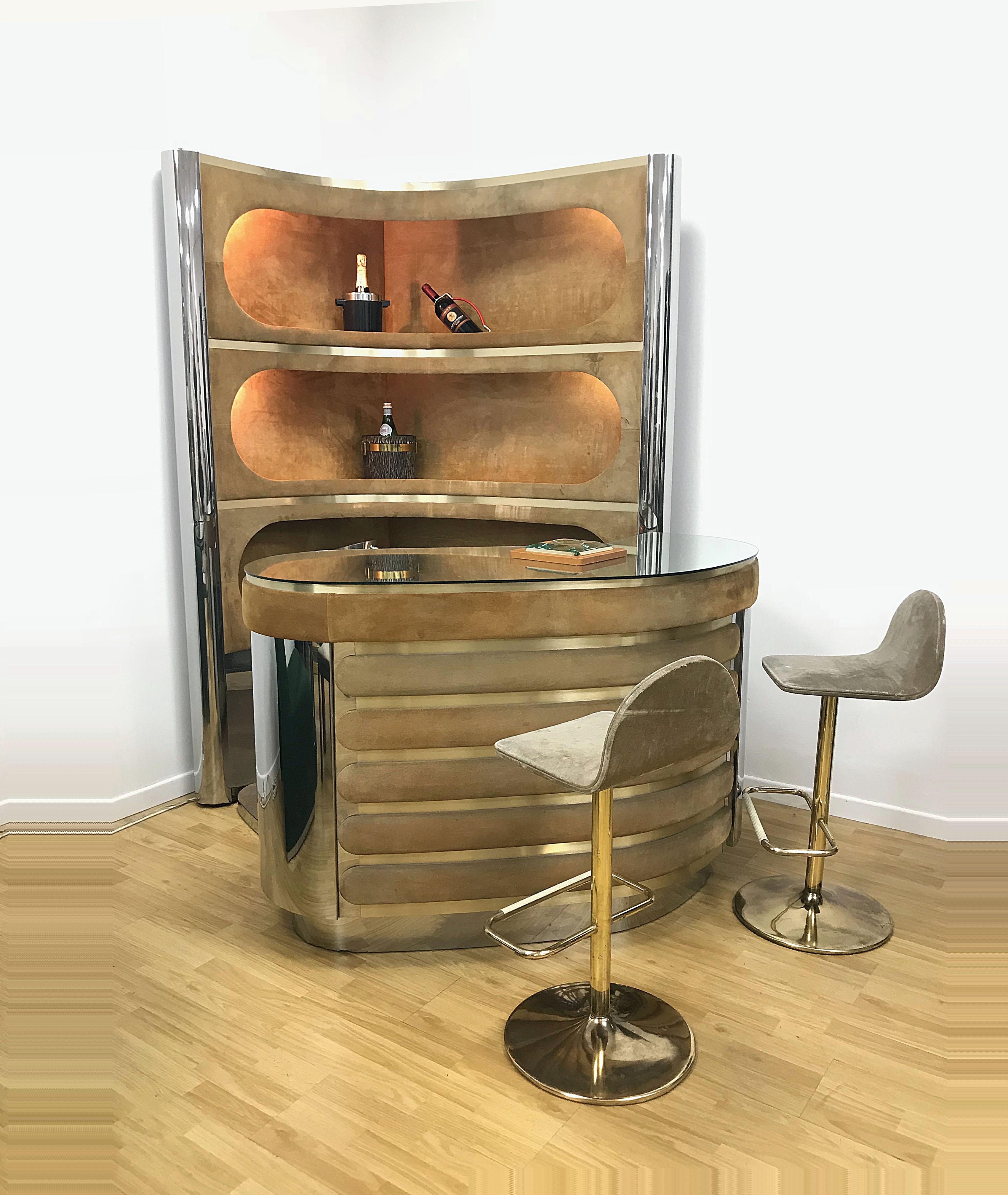 Dry Bar and Illuminated Storage of Willy Rizzo with Three Stool, Italy, 1970s 8