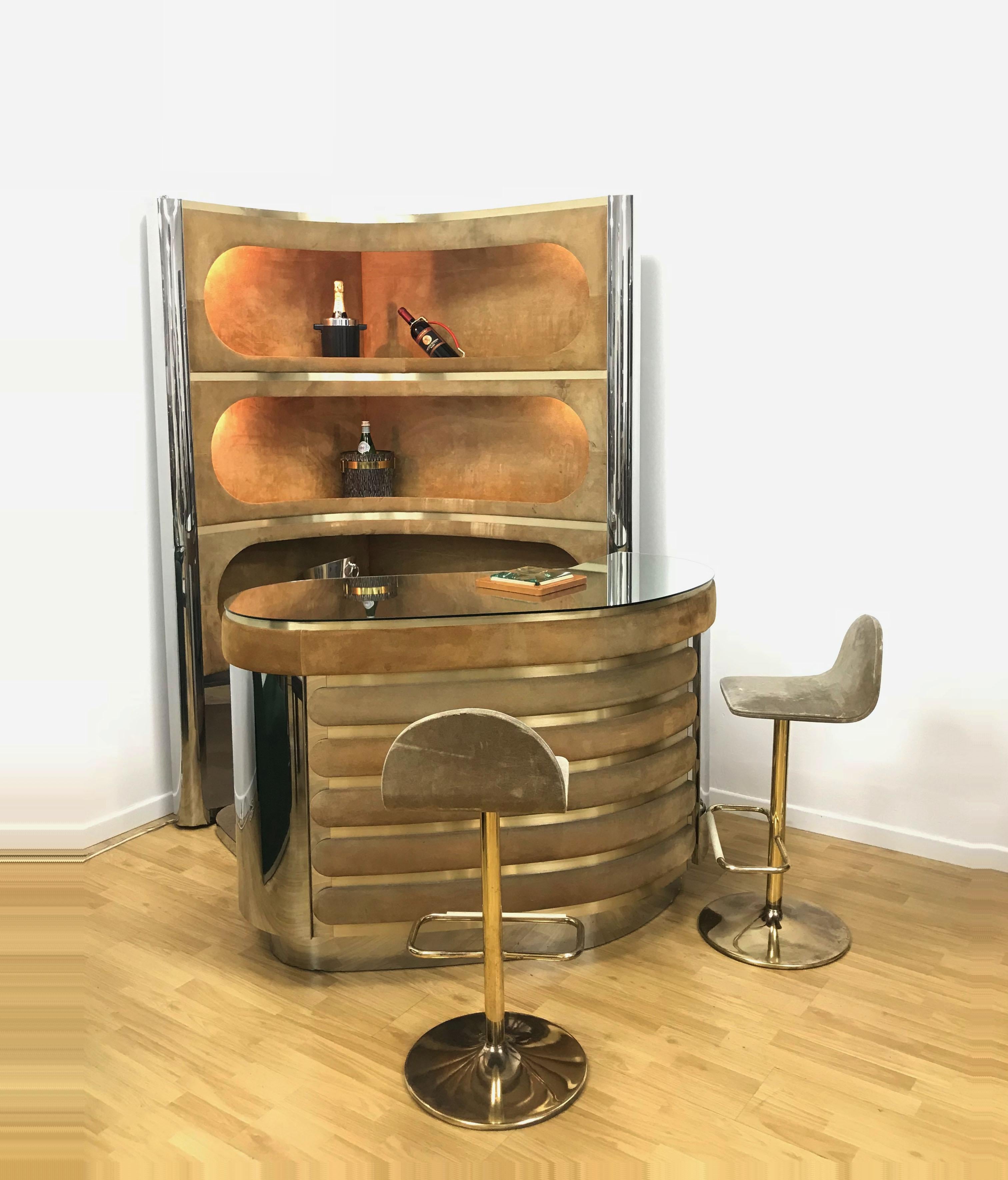 Dry Bar and Illuminated Storage of Willy Rizzo with Three Stool, Italy, 1970s 10
