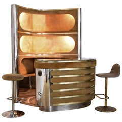 Dry Bar and Illuminated Storage of Willy Rizzo with Three Stool, Italy, 1970s
