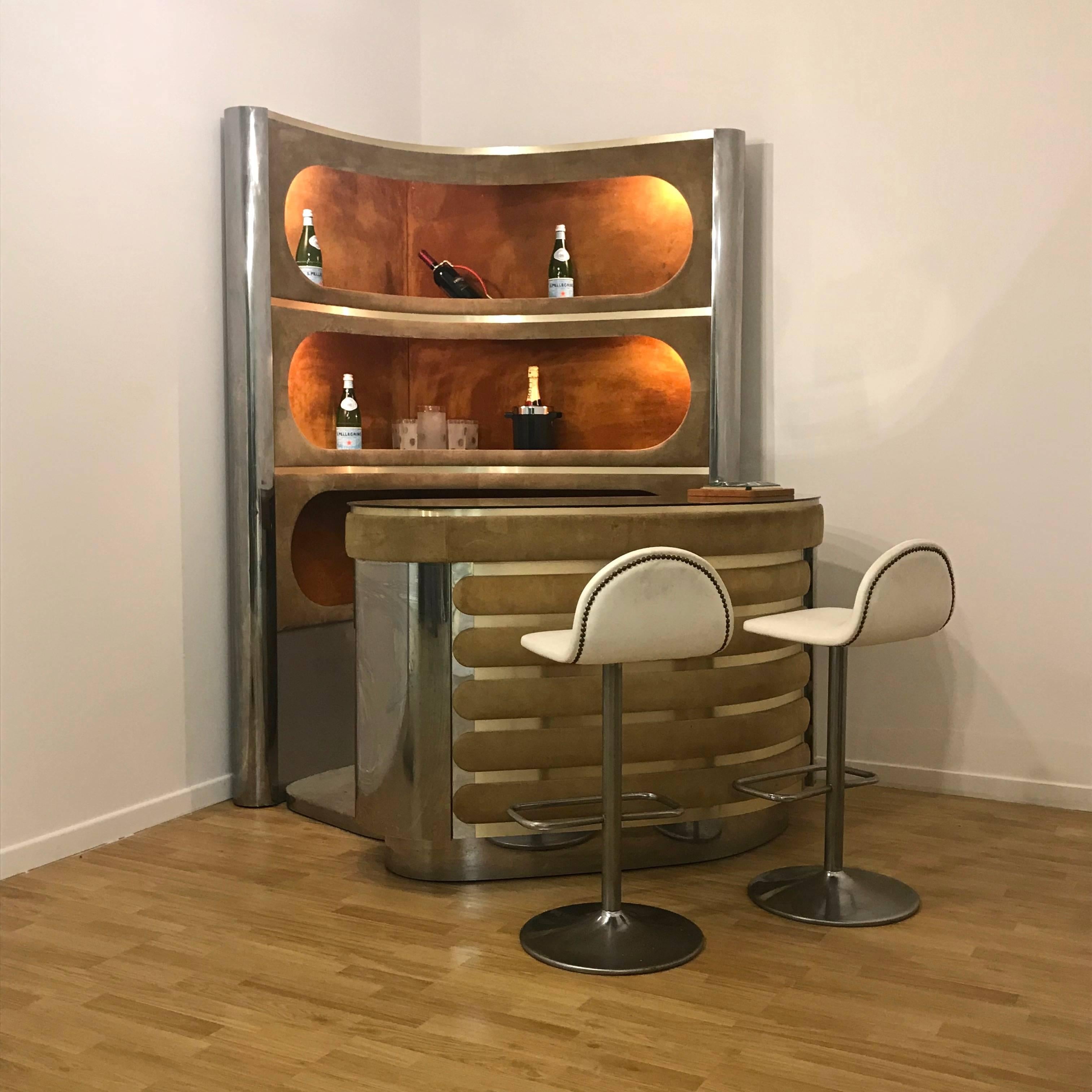 Dry Bar and Illuminated Storage of Willy Rizzo with Two Stool, Italy, 1970s 13