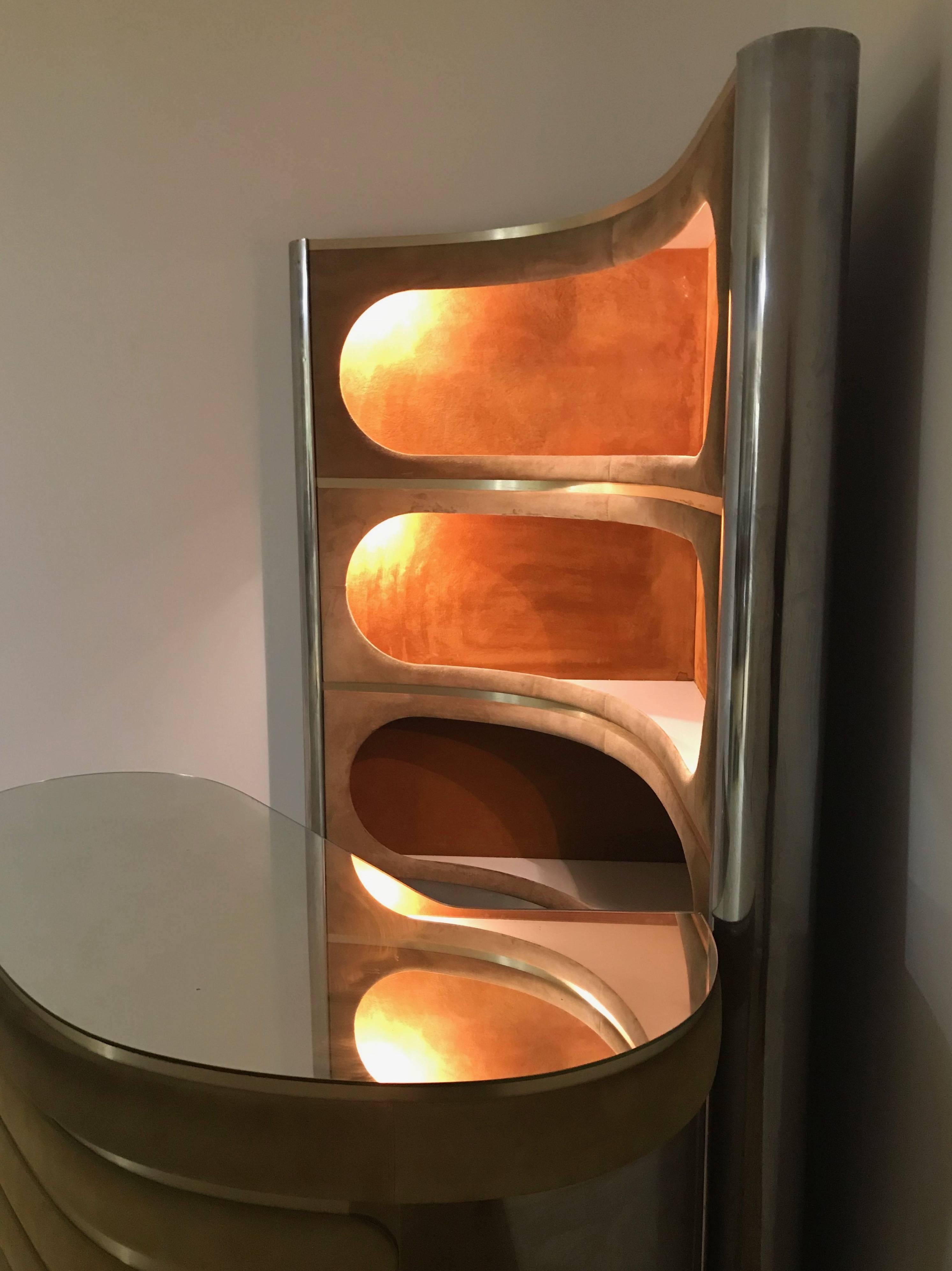 Mid-Century Modern Dry Bar and Illuminated Storage of Willy Rizzo with Two Stool, Italy, 1970s