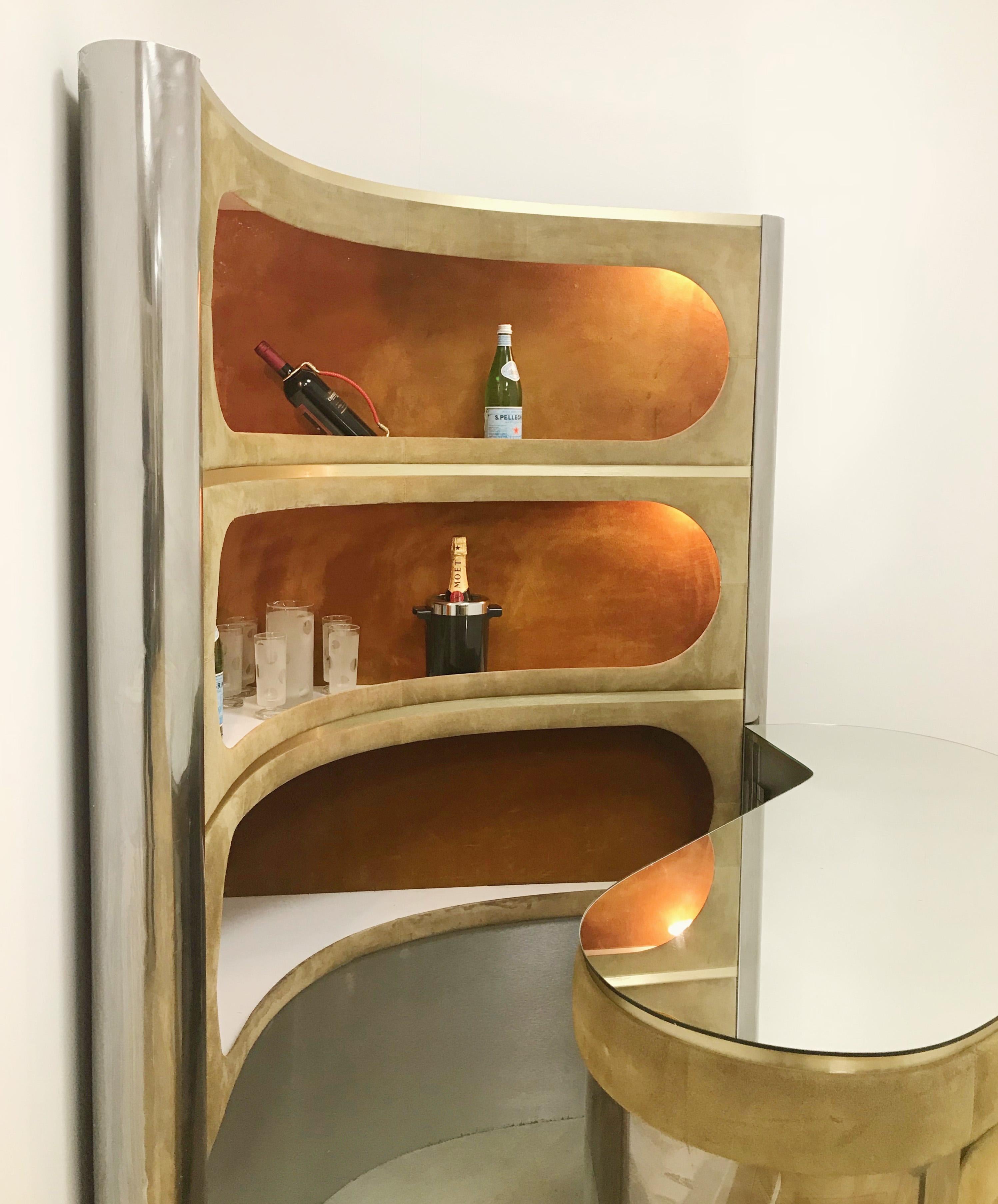 Italian Dry Bar and Illuminated Storage of Willy Rizzo with Two Stool, Italy, 1970s