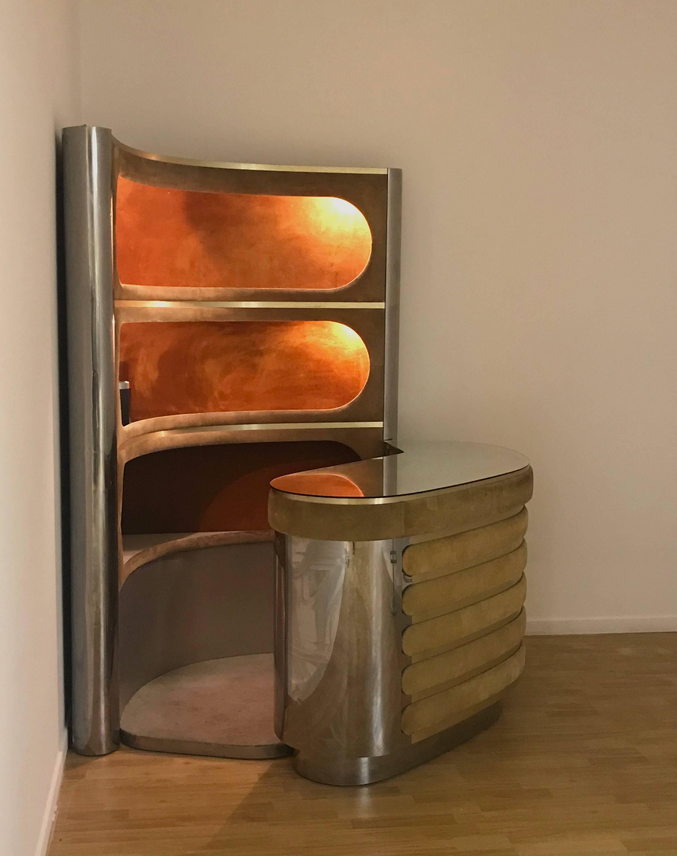 Italian Dry Bar and Illuminated Storage of Willy Rizzo with Two Stool, Italy, 1970s