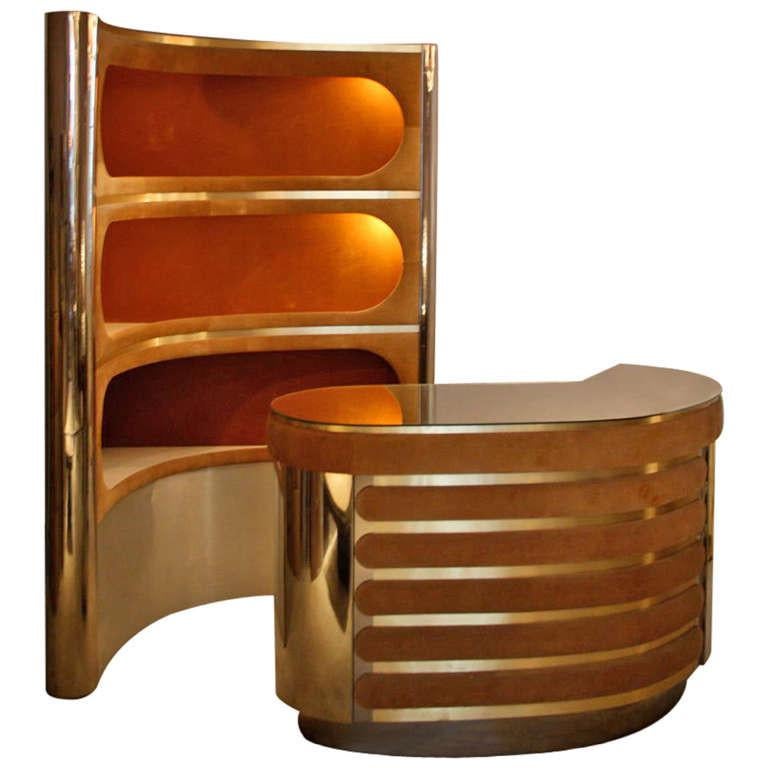 Dry Bar and Illuminated Storage of Willy Rizzo with Two Stool, Italy, 1970s 2