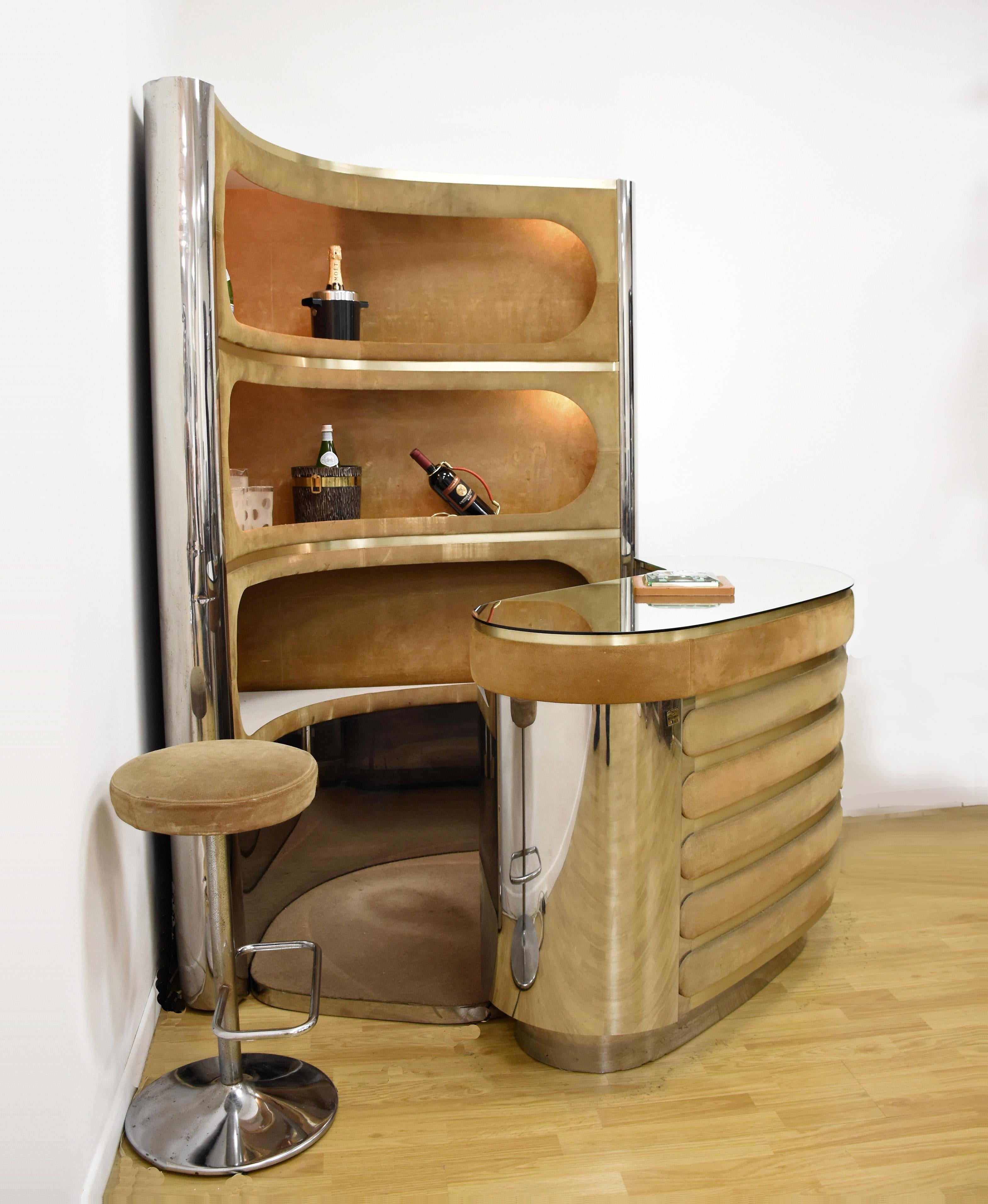 Dry Bar and Illuminated Storage of Willy Rizzo with Two Stool, Italy, 1970s 3