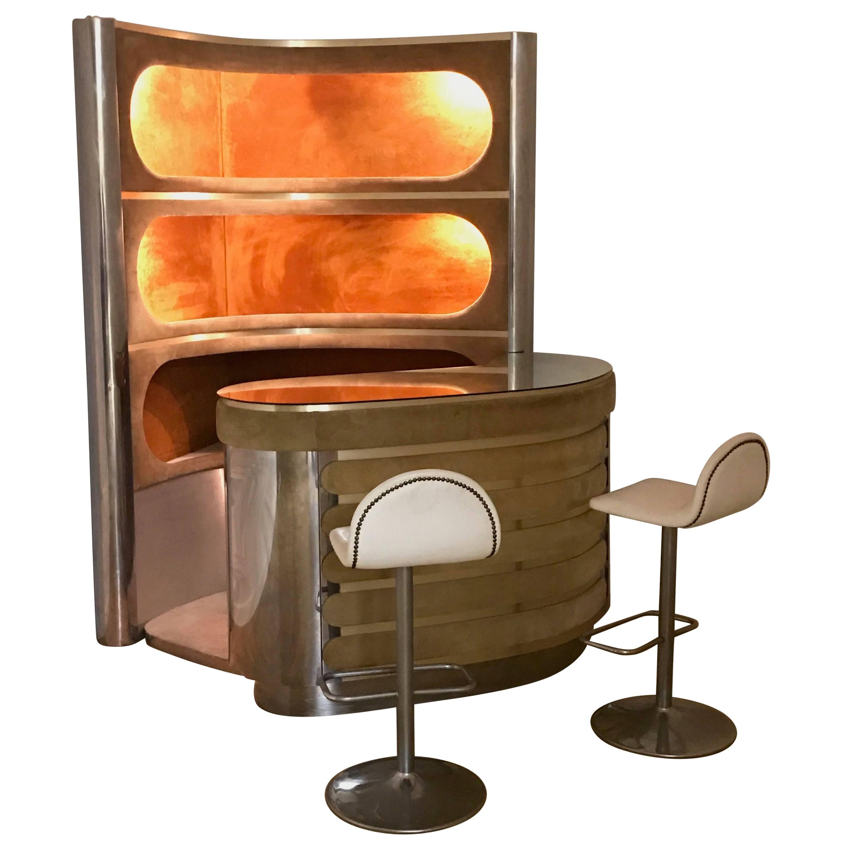Dry Bar and Illuminated Storage of Willy Rizzo with Two Stool, Italy, 1970s