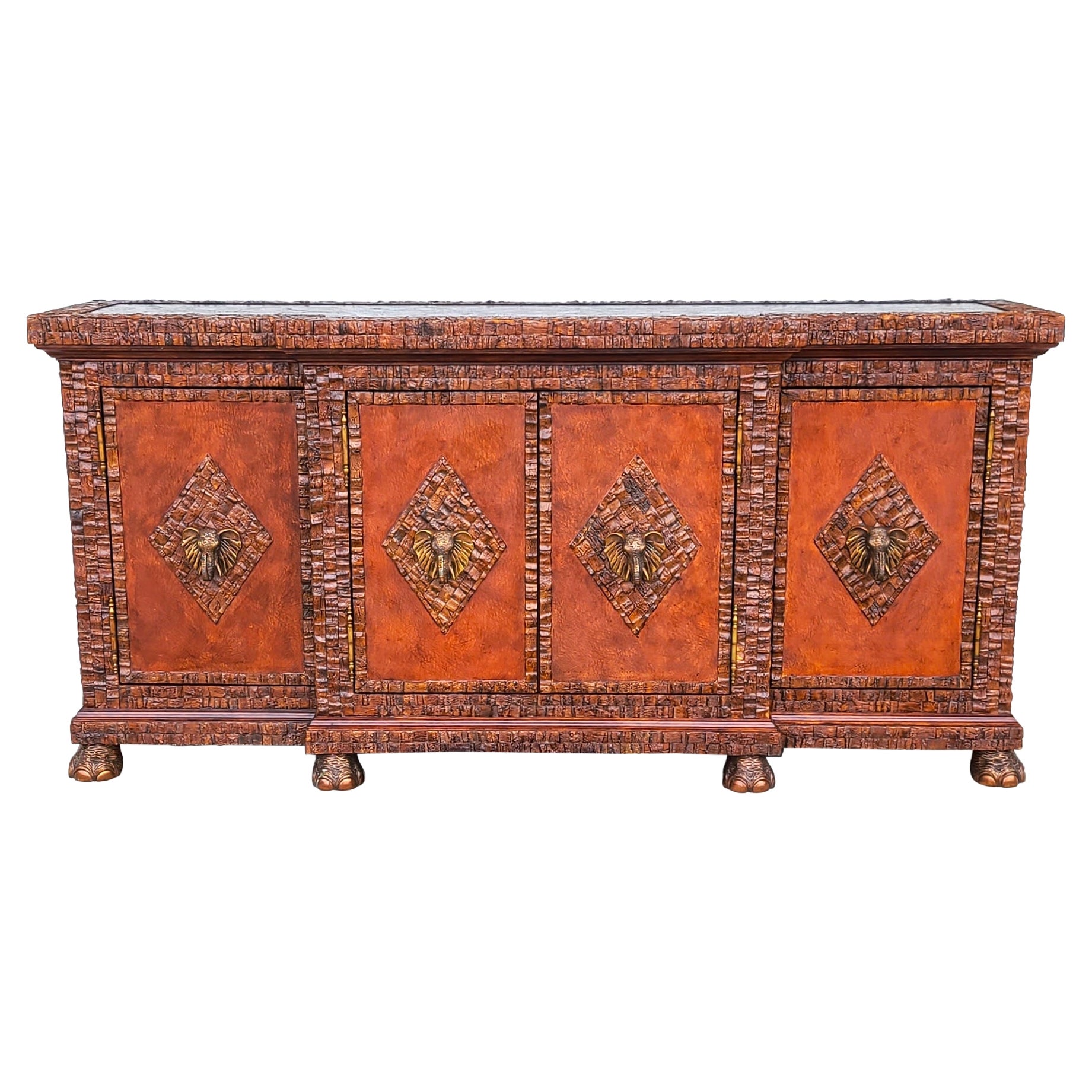 Dry Bar Cabinet Brass Elephants & Top by Lloyd Buxton For Sale