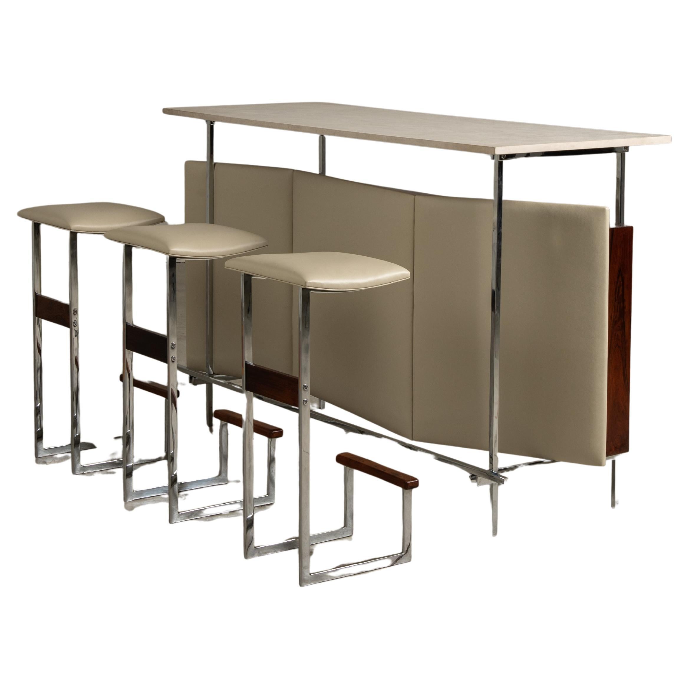 Dry Bar Coated in Leather with 3 stools, by l'Atelier, Brazilian Mid-Century For Sale