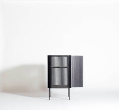 Dry Bar in Blackened Laser-Cut Steel Frame with Black Wood Slats and Leather Top