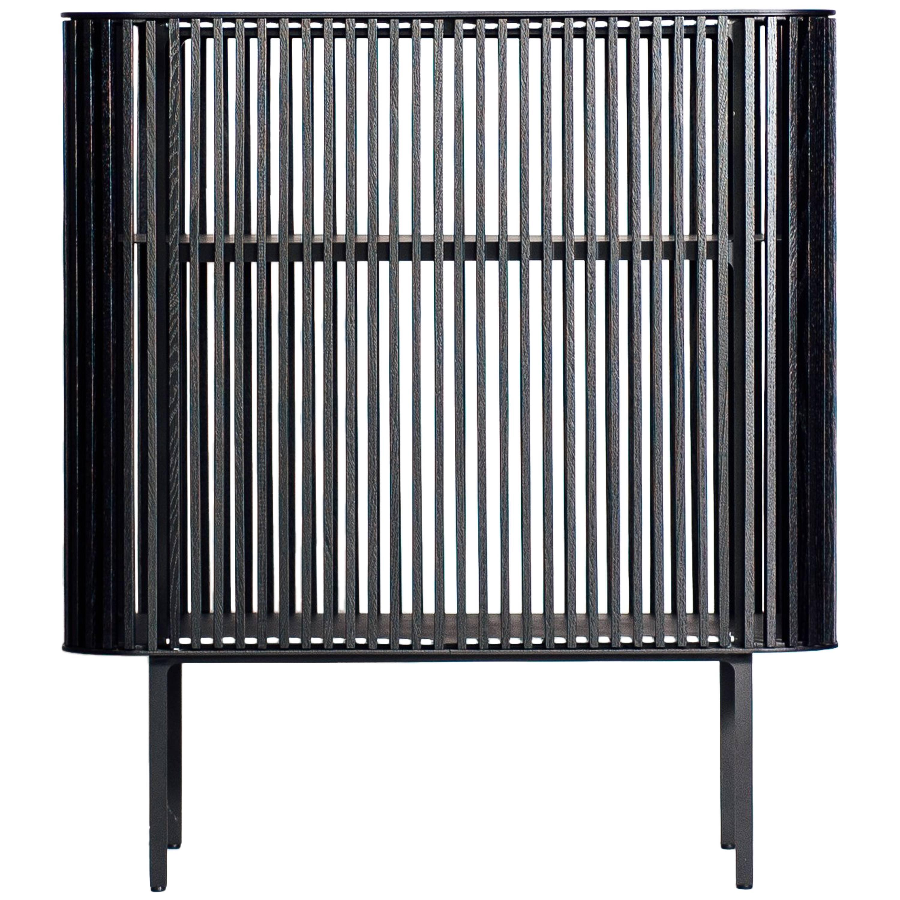 Dry Bar in Blackened Laser-Cut Steel Frame with Black Oak Slats and Leather Top