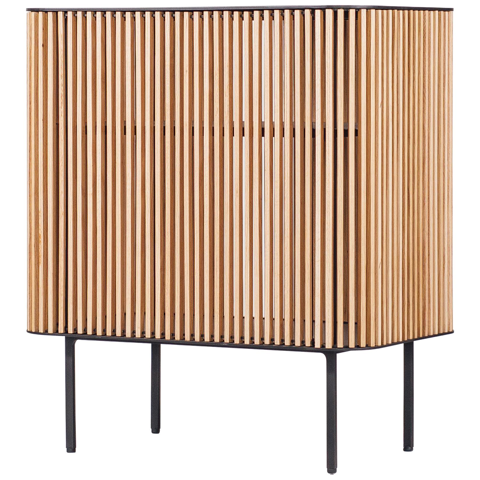 Dry Bar in Blackened Laser-Cut Steel Frame with Oak Slats and Leather Top