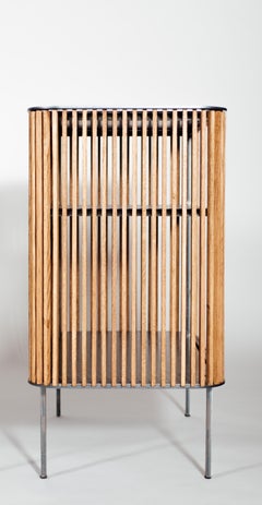 Dry Bar in Oiled Laser-Cut Steel Frame with White Oak Slats and Leather Top