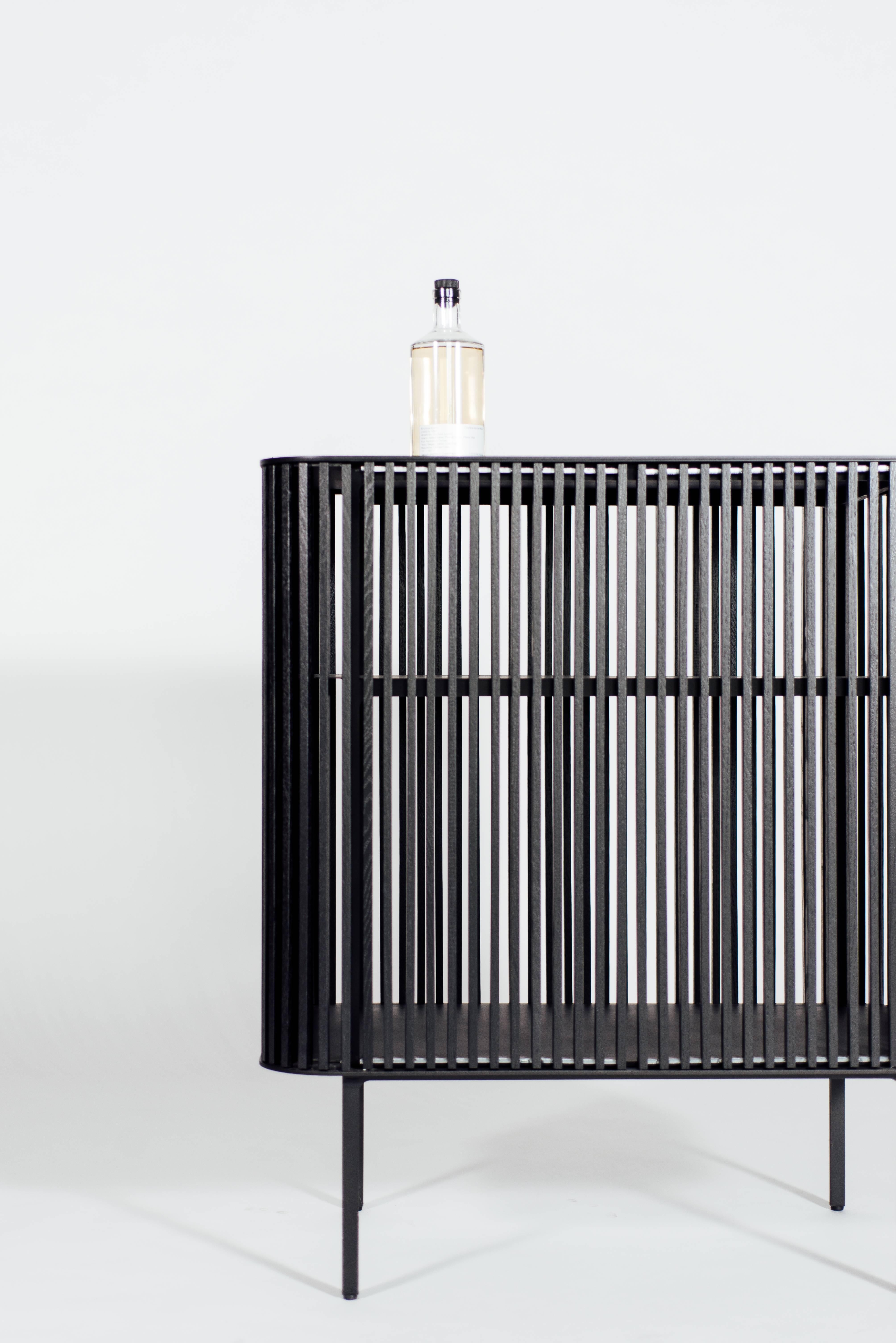 Modern Dry Bar in Oiled Laser-Cut Steel Frame with White Oak Slats and Leather Top For Sale