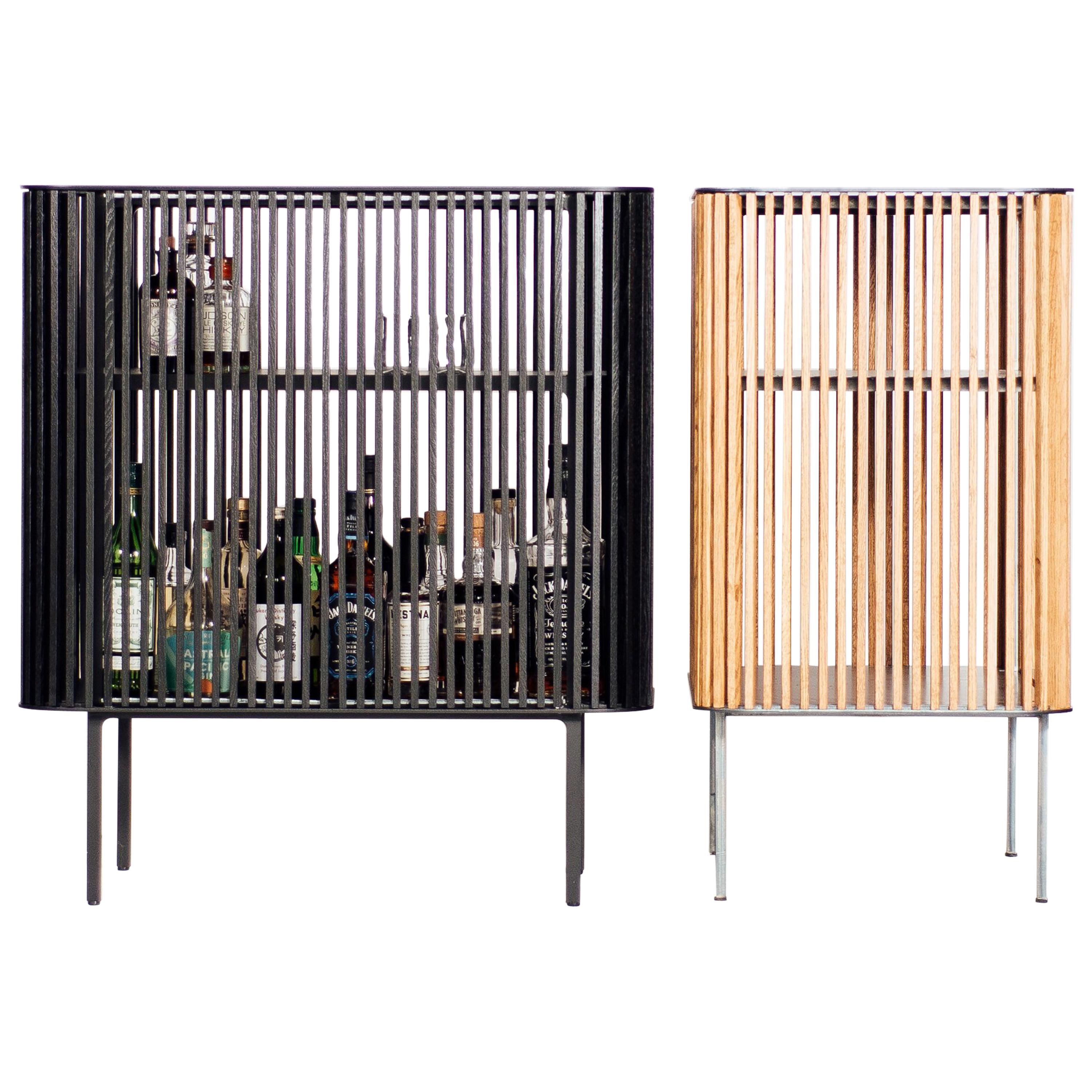 Dry Bar in Oiled Laser-Cut Steel Frame with White Oak Slats and Leather Top For Sale