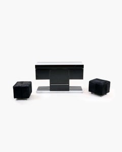 Black Lacquer Dry Bar Set, Chrome Detailing, Cow Hide Upholstery, circa 1970
