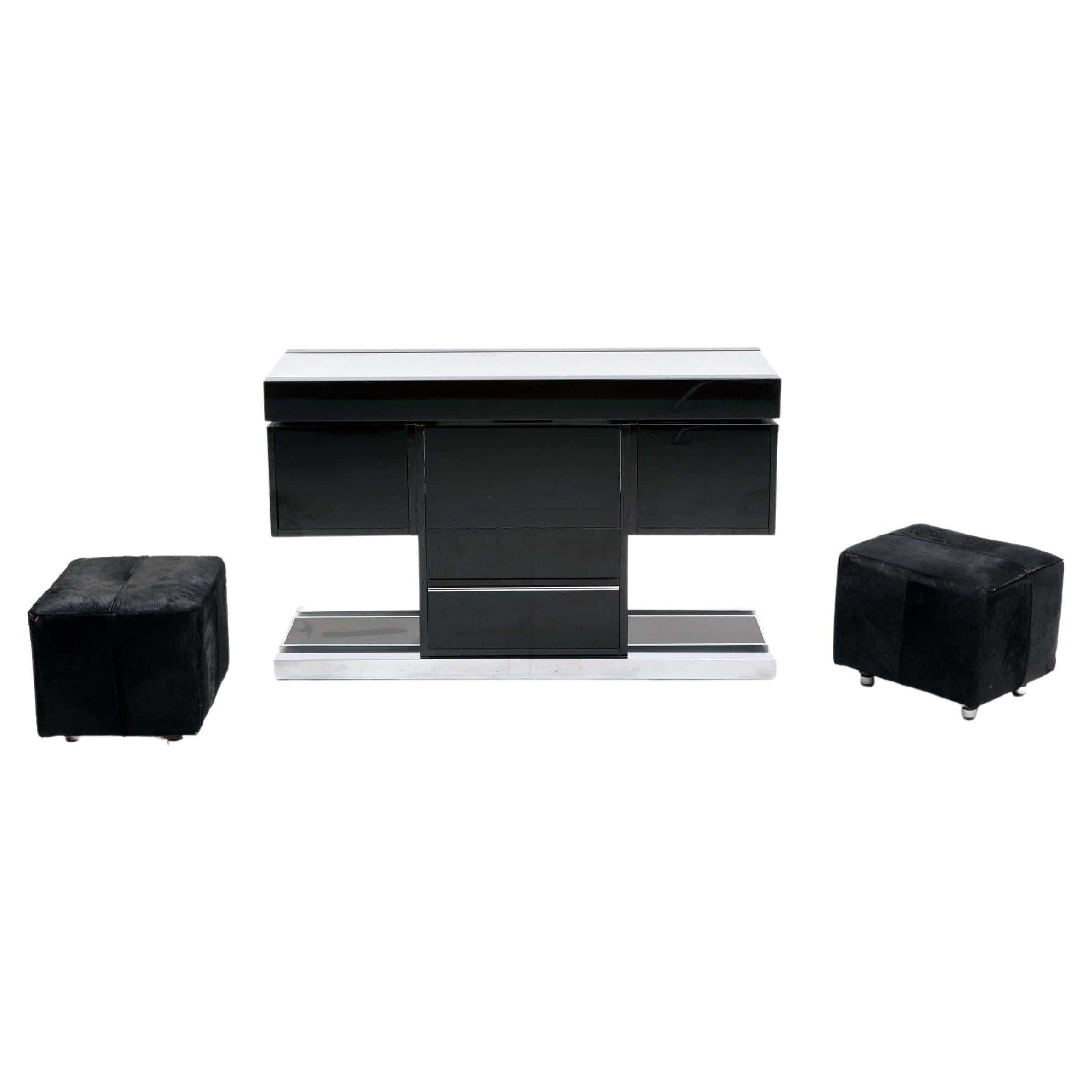 Black Lacquer Dry Bar Set, Chrome Detailing, Cow Hide Upholstery, circa 1970