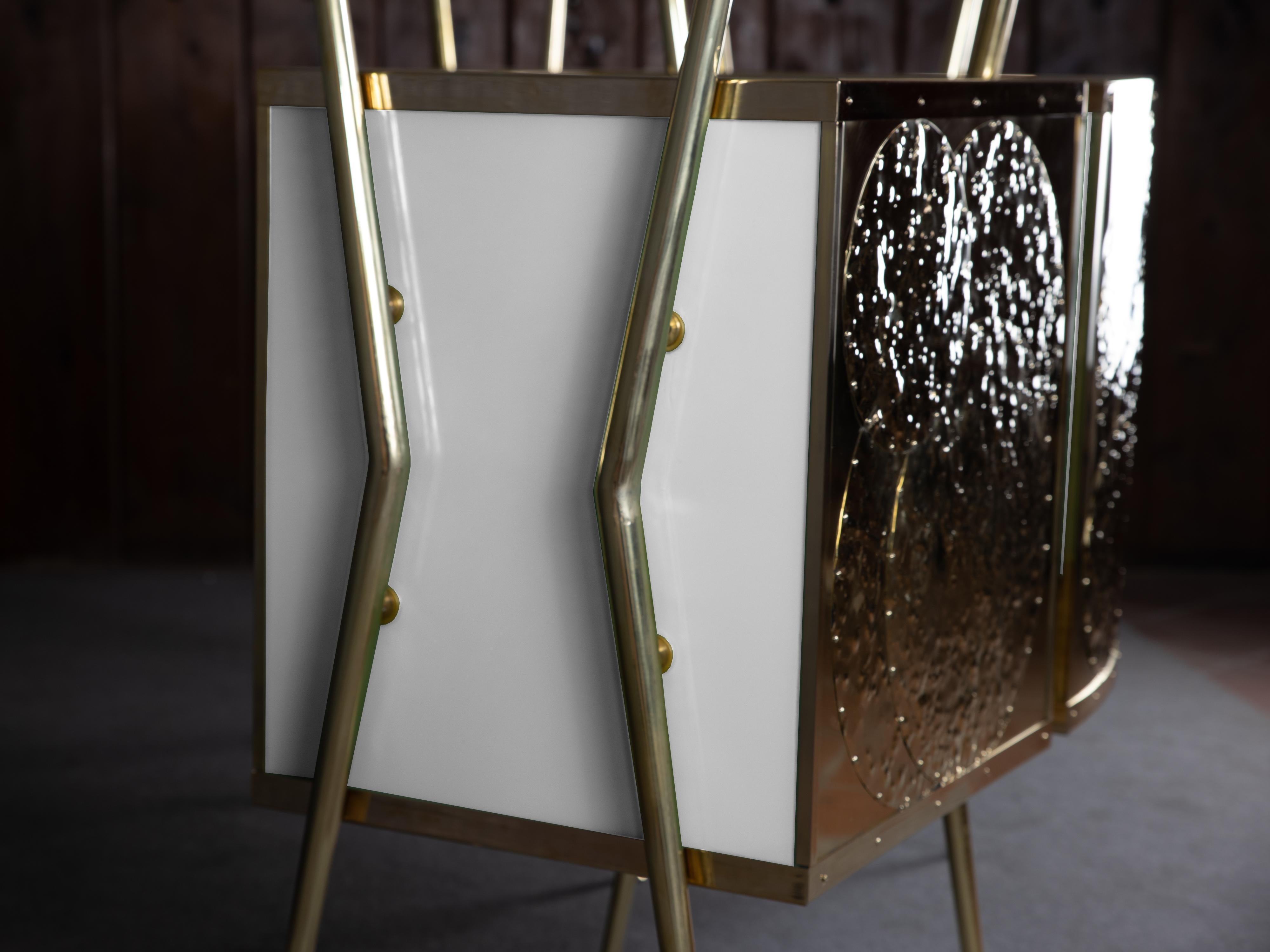 Italian Black, White Murano Glass and Brass Harmony: The Gio Ponti-Inspired Dry Bar 1950s For Sale