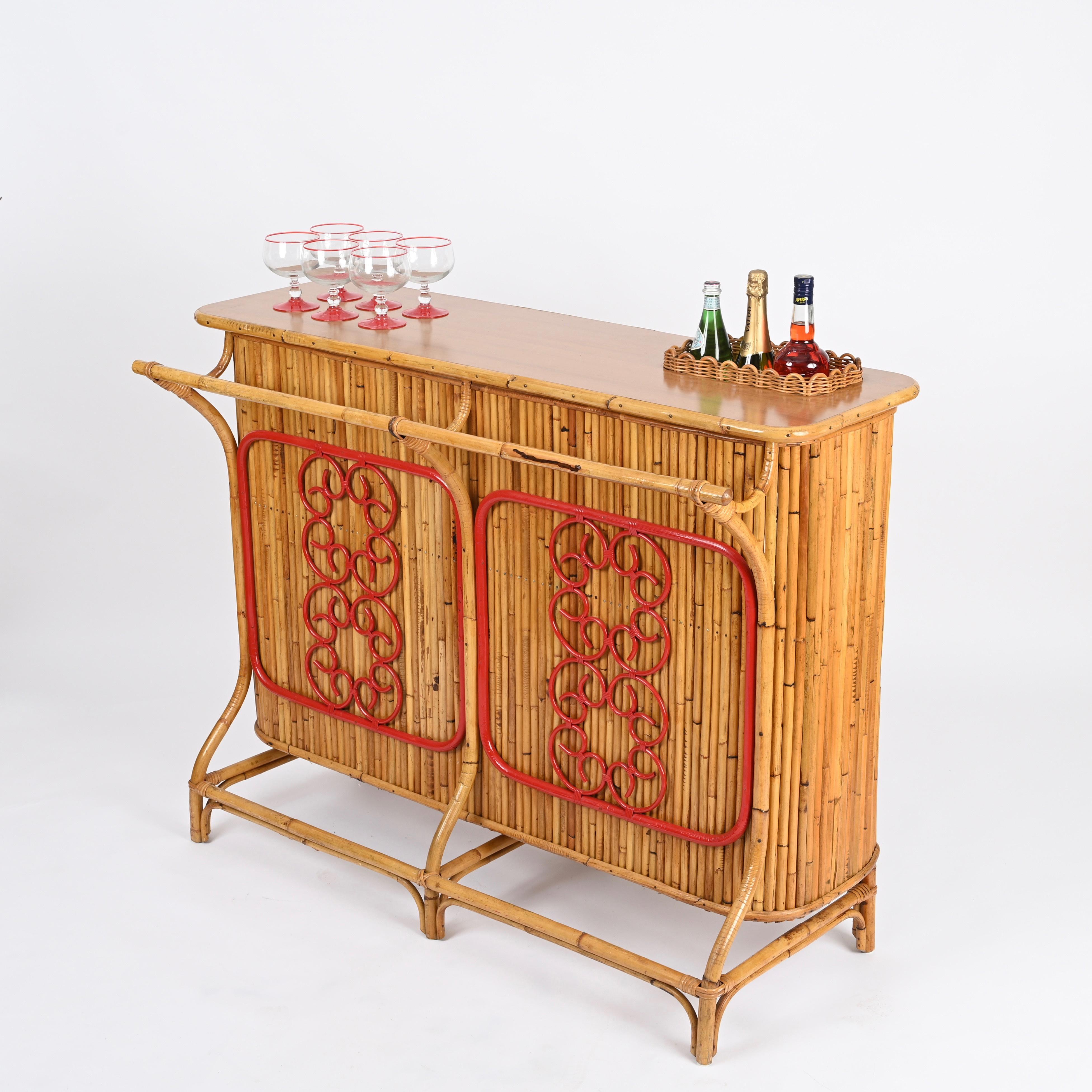 Barra seca con taburete de ratán, bambú y mimbre de Tito Agnoli, Italia Años 50 en venta 9