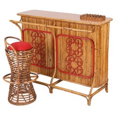 Bar sec avec tabouret en rotin, bambou et osier par Tito Agnoli, Italie années 1950