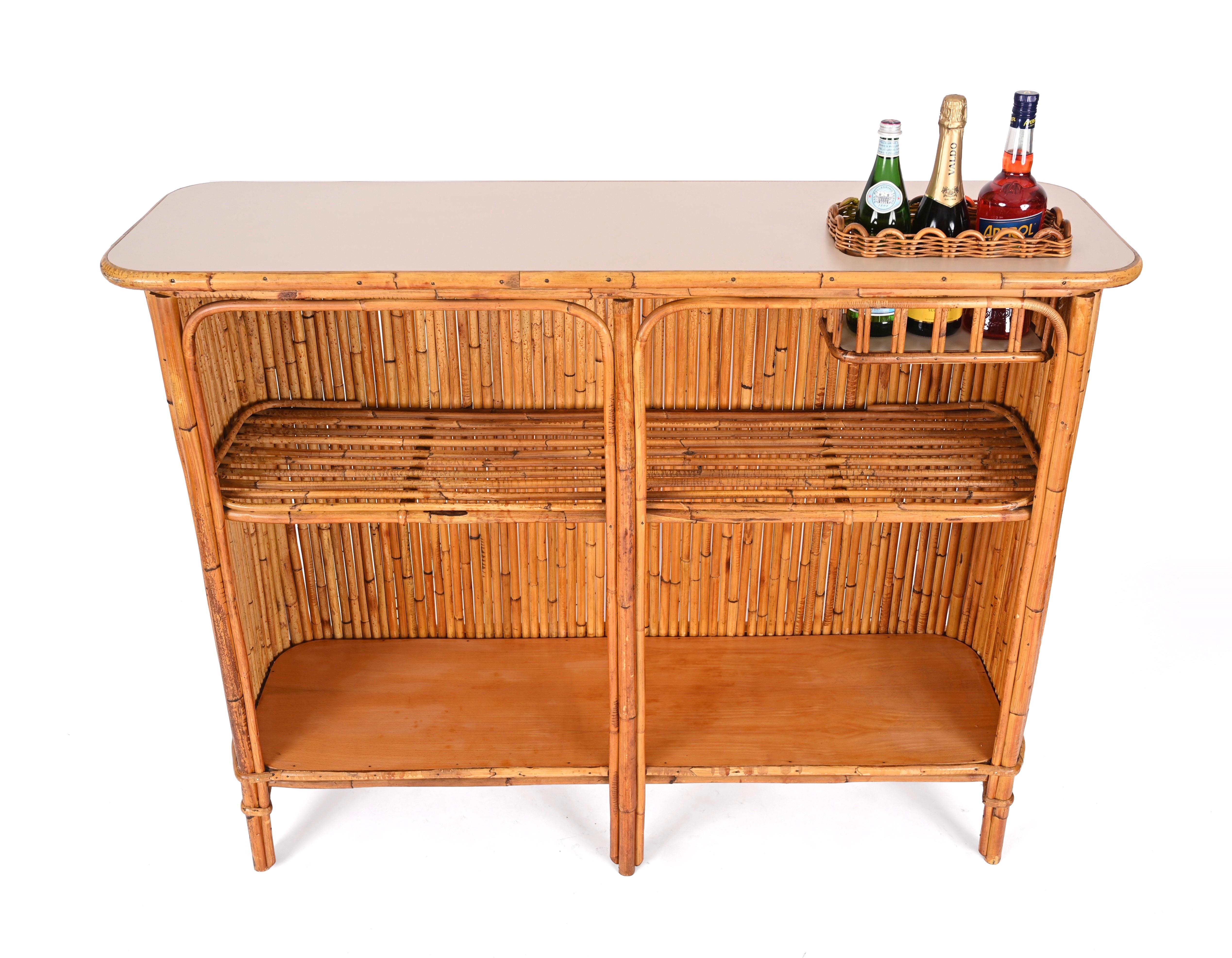 Dry Bar with Two Stools in Rattan, Bamboo and Wicker by Tito Agnoli, Italy 1950s 6