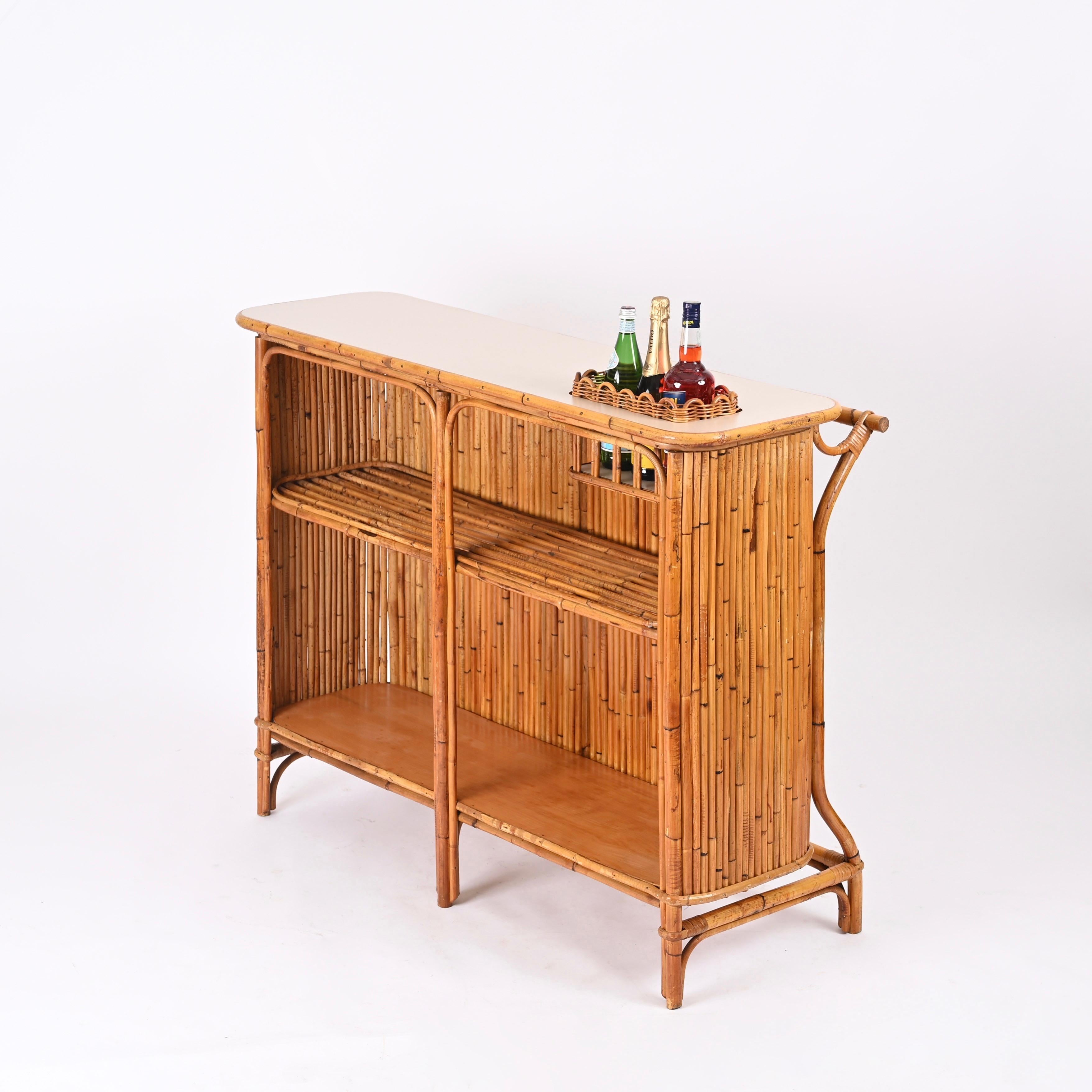 Dry Bar with Two Stools in Rattan, Bamboo and Wicker by Tito Agnoli, Italy 1950s 7