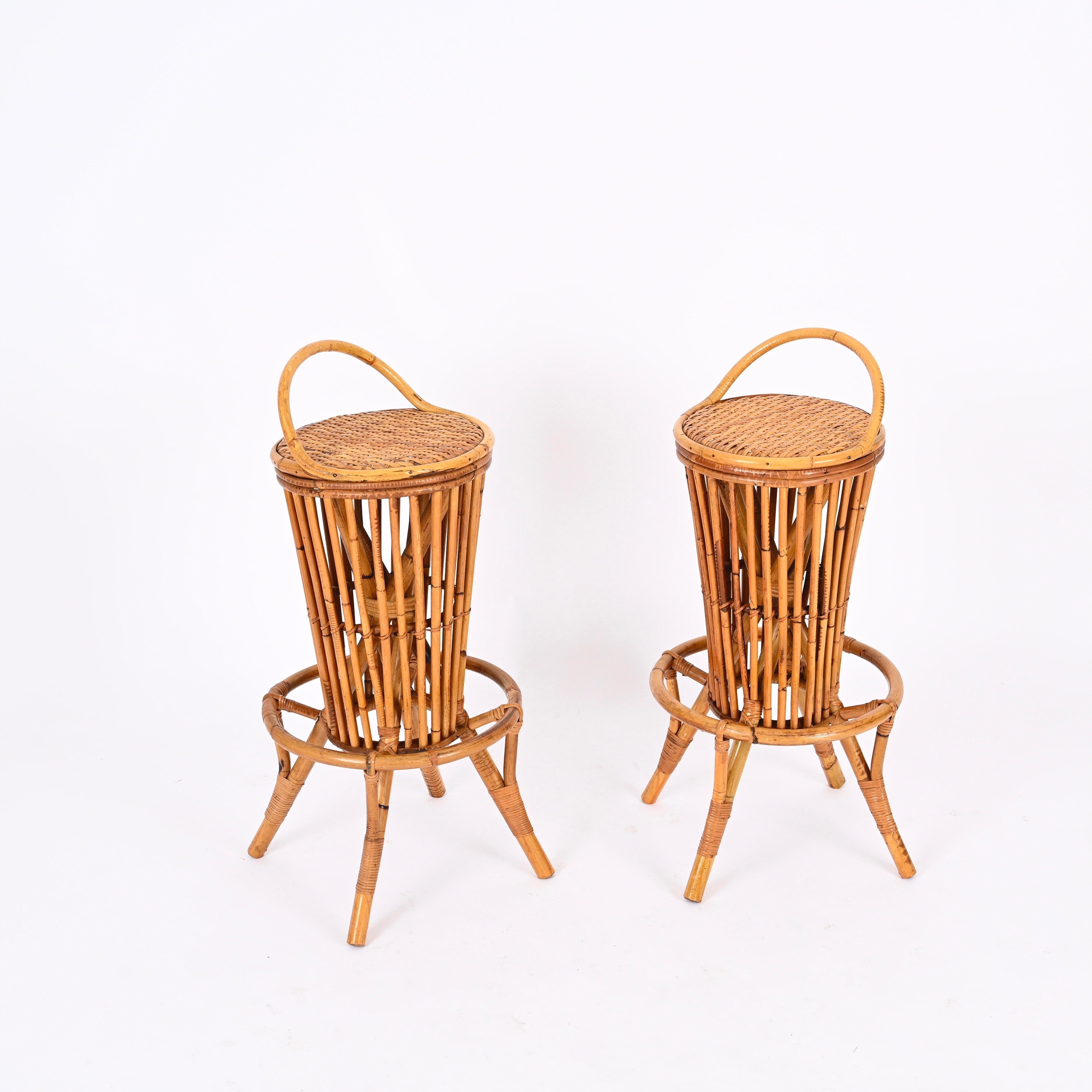 Dry Bar with Two Stools in Rattan, Bamboo and Wicker by Tito Agnoli, Italy 1950s For Sale 8