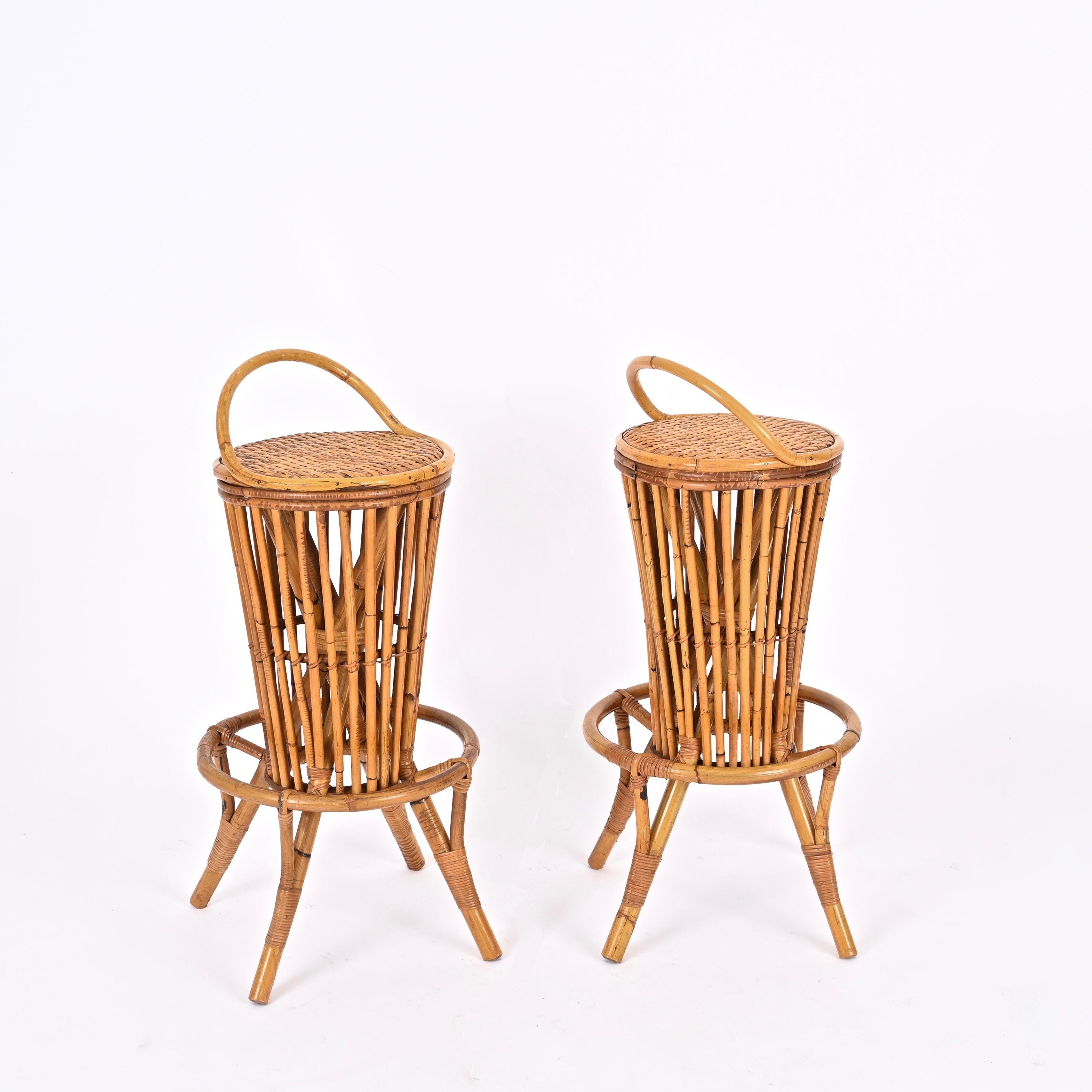 Dry Bar with Two Stools in Rattan, Bamboo and Wicker by Tito Agnoli, Italy 1950s For Sale 9